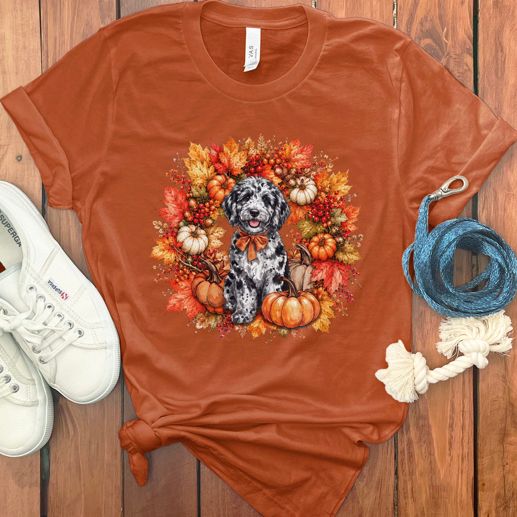 Merle Goldendoodle Fall Wreath T-Shirt in Autumn / S by Puppy Jo