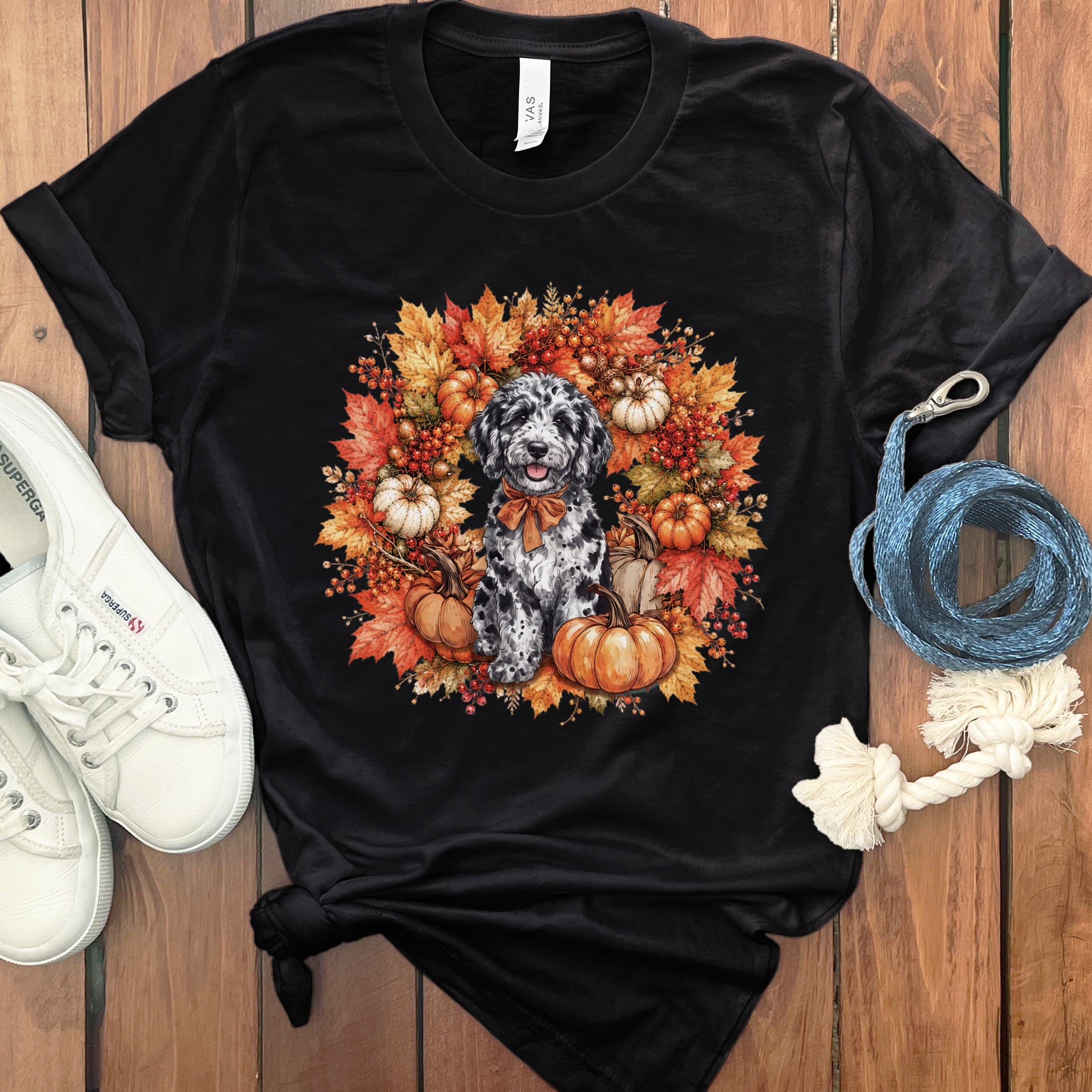 Merle Goldendoodle Fall Wreath T-Shirt in Black / S by Puppy Jo