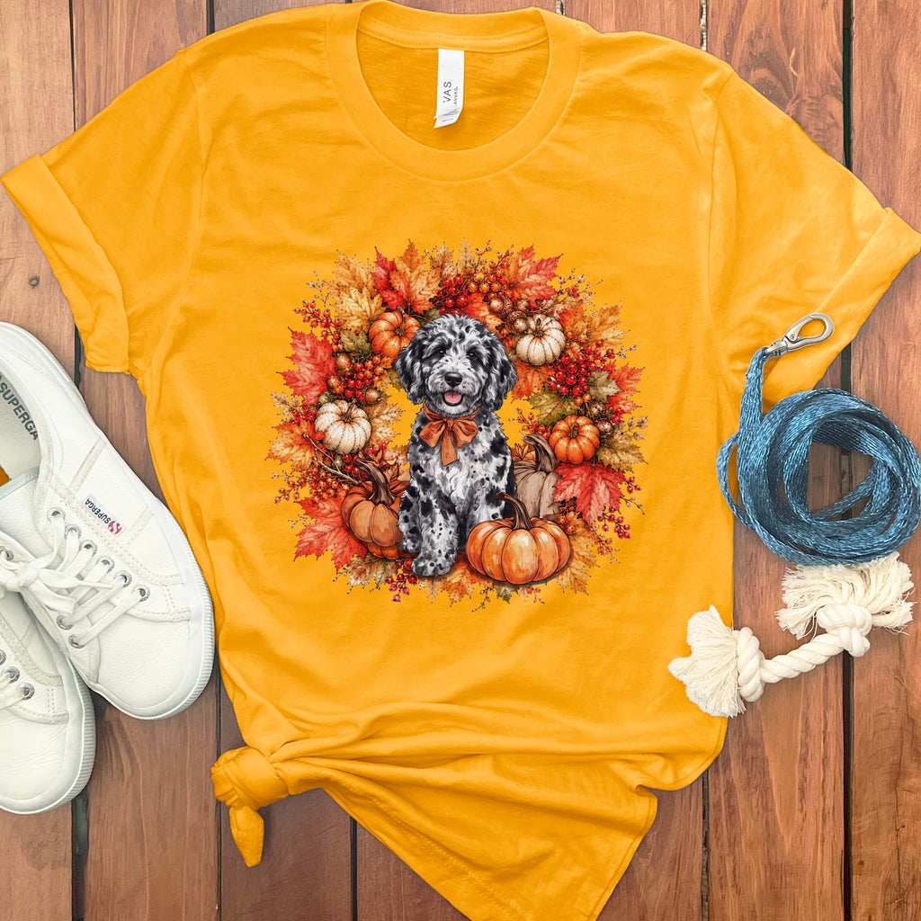 Merle Goldendoodle Fall Wreath T-Shirt in Gold / S by Puppy Jo