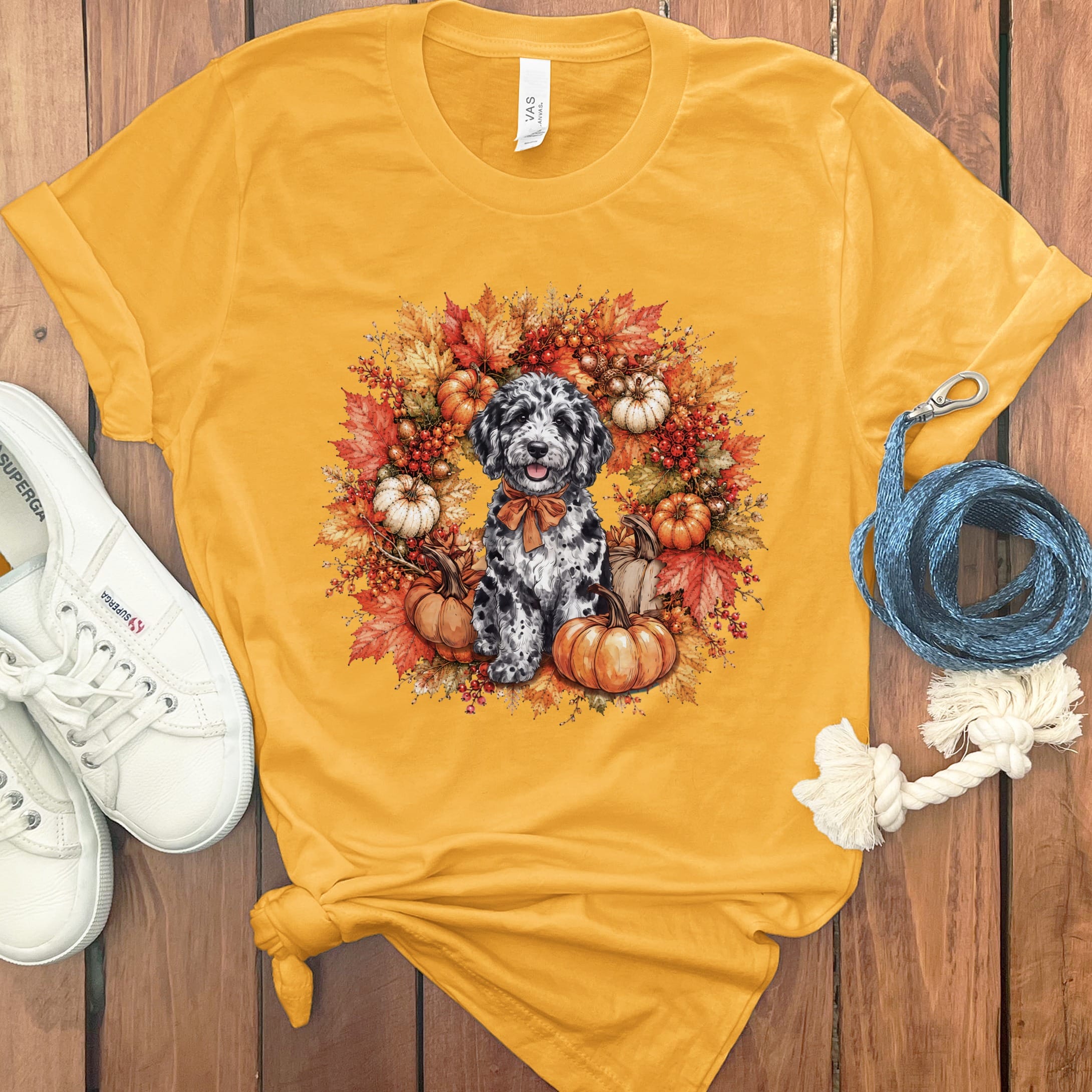 Merle Goldendoodle Fall Wreath T-Shirt in Gold / S by Puppy Jo