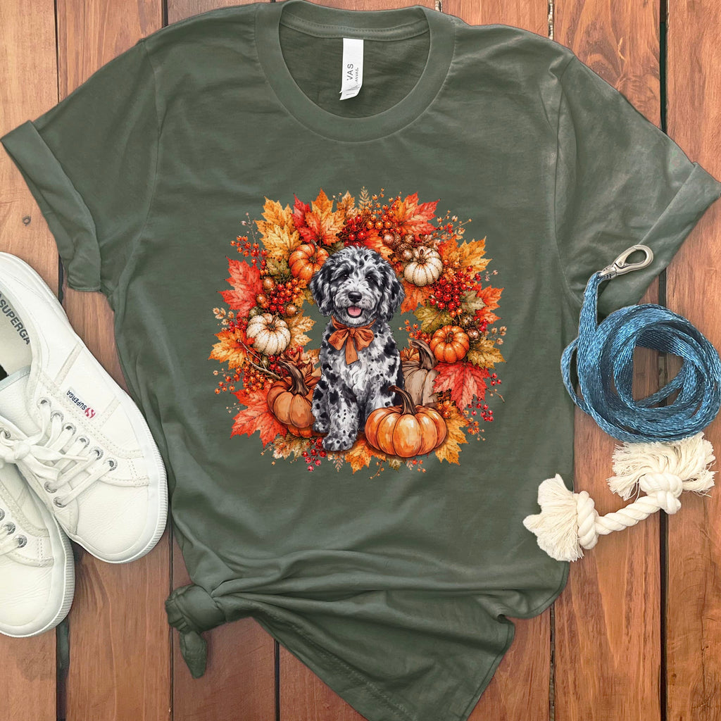 Merle Goldendoodle Fall Wreath T-Shirt in Military Green / S by Puppy Jo