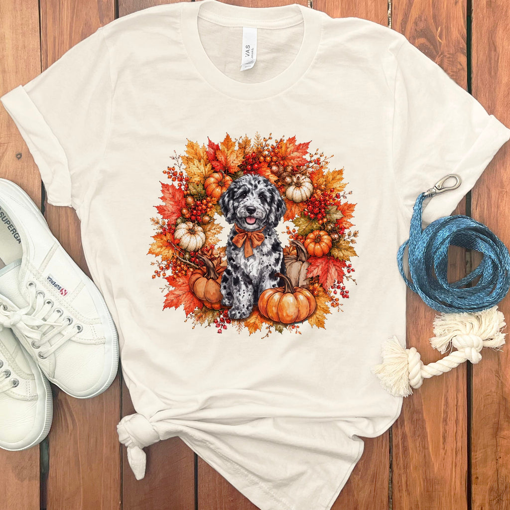 Merle Goldendoodle Fall Wreath T-Shirt in Natural / S by Puppy Jo