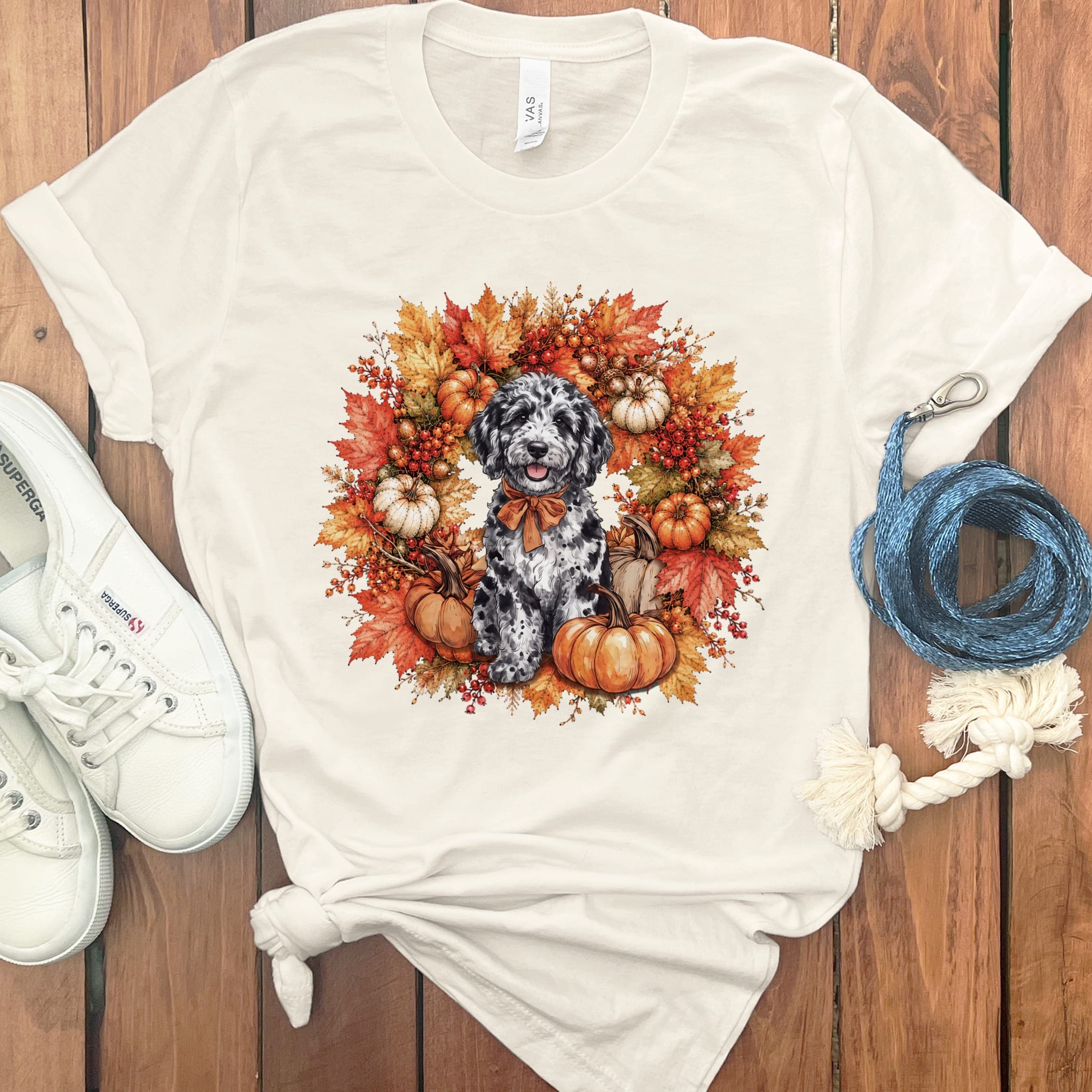 Merle Goldendoodle Fall Wreath T-Shirt in Natural / S by Puppy Jo