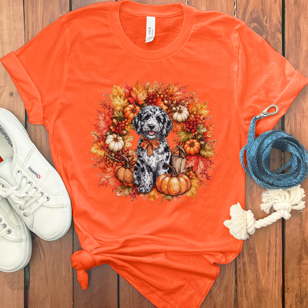 Merle Goldendoodle Fall Wreath T-Shirt in Orange / S by Puppy Jo