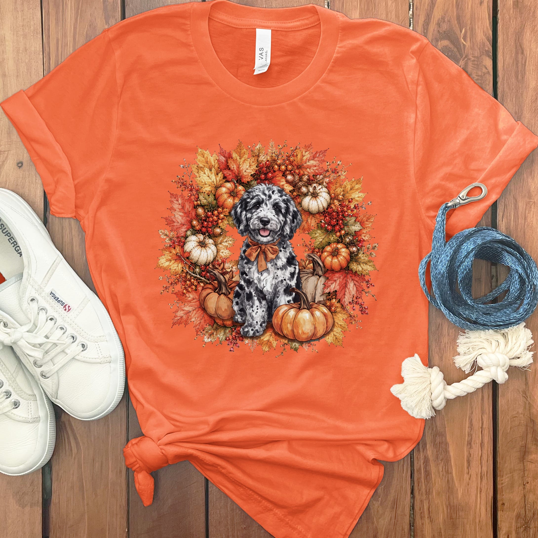 Merle Goldendoodle Fall Wreath T-Shirt in Orange / S by Puppy Jo