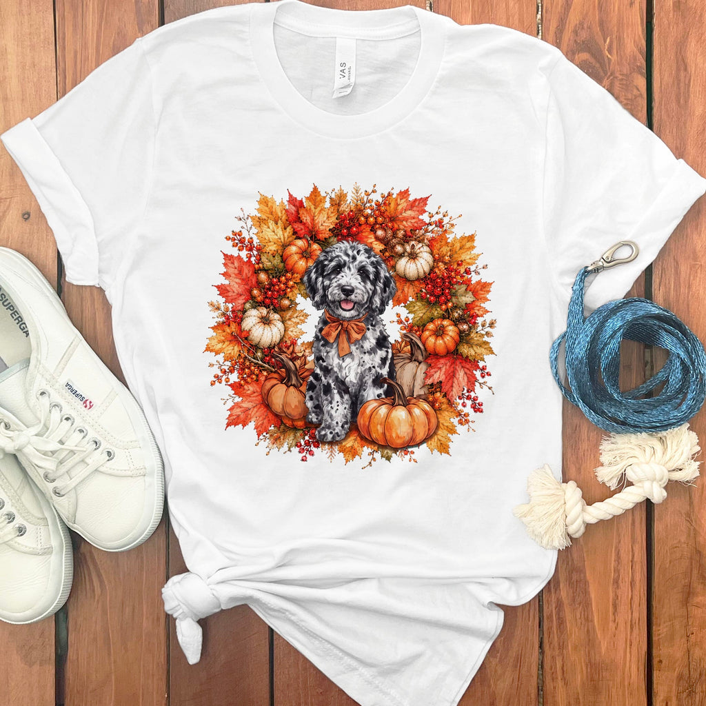 Merle Goldendoodle Fall Wreath T-Shirt in White / S by Puppy Jo