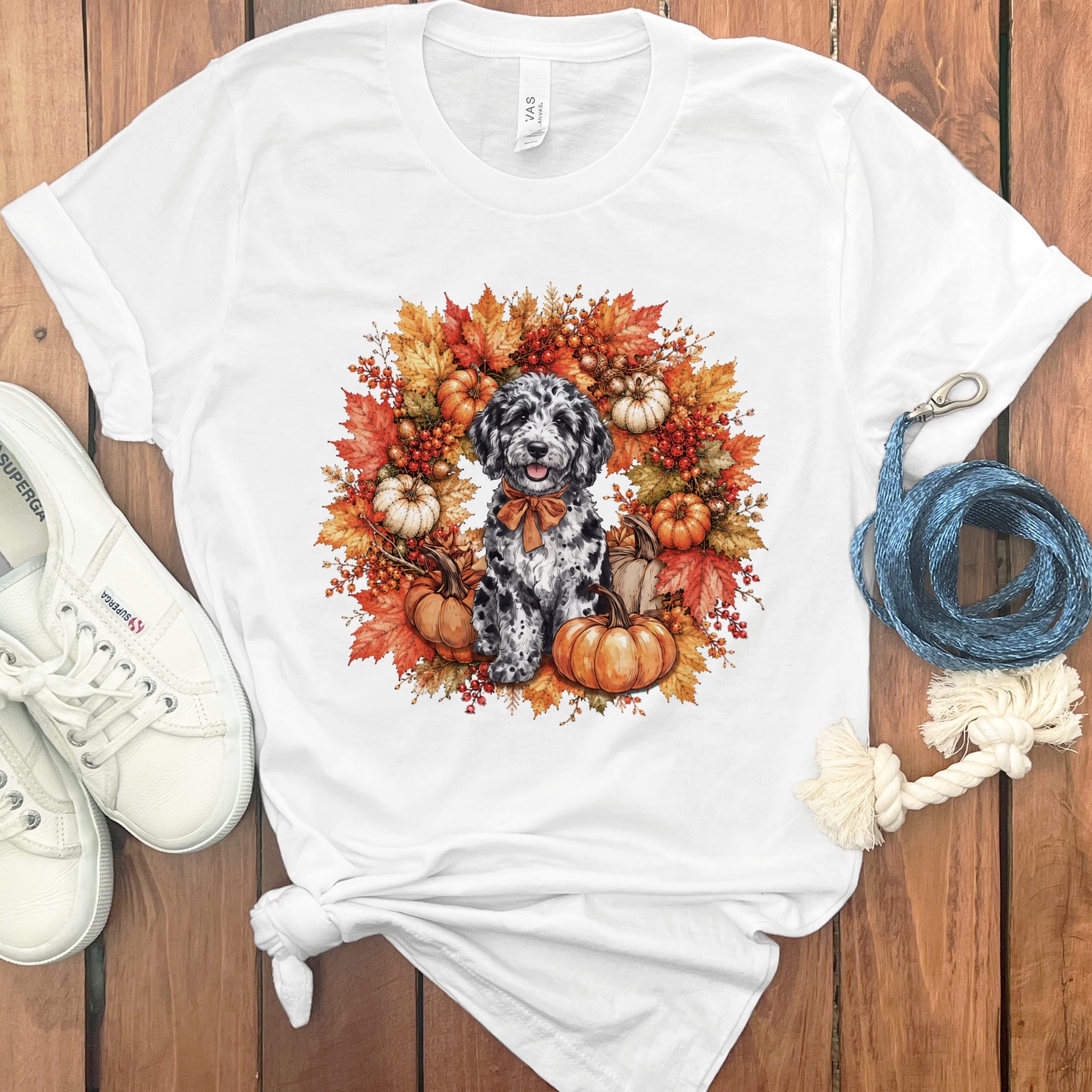 Merle Goldendoodle Fall Wreath T-Shirt in White / S by Puppy Jo