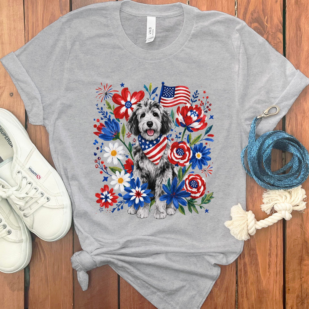 Merle Goldendoodle Floral Spirit T-Shirt in Athletic Heather / S by Puppy Jo