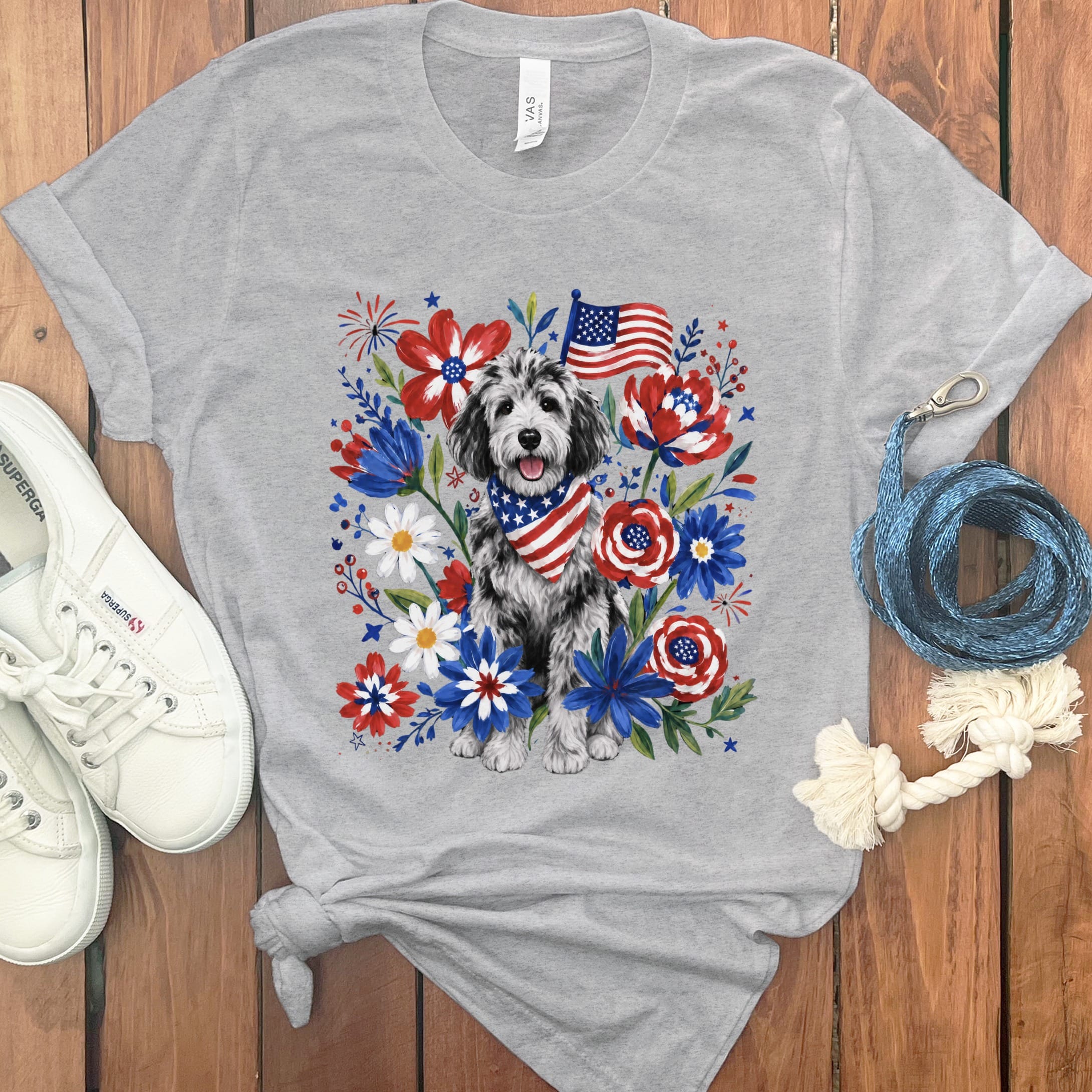 Merle Goldendoodle Floral Spirit T-Shirt in Athletic Heather / S by Puppy Jo