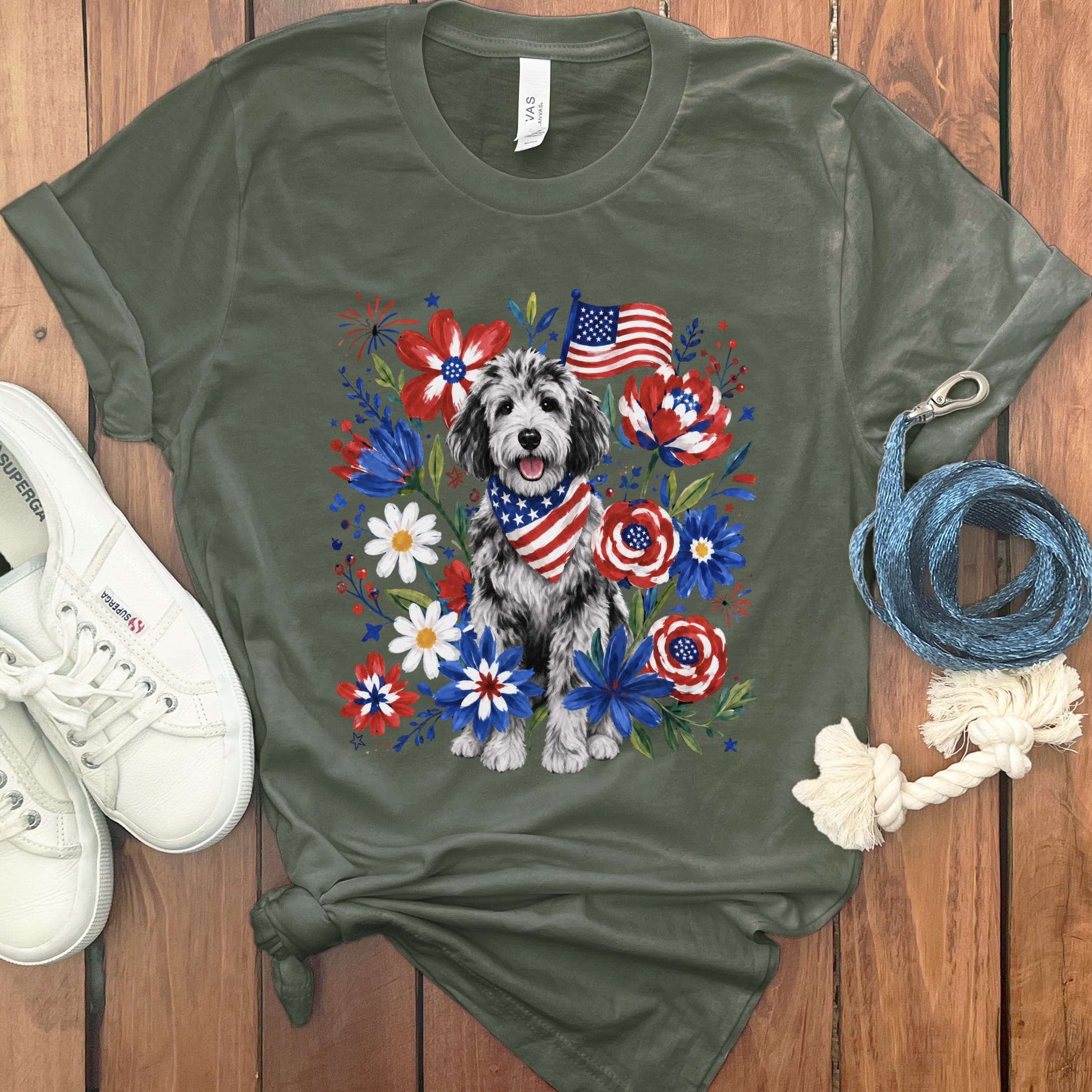Merle Goldendoodle Floral Spirit T-Shirt in Military Green / S by Puppy Jo