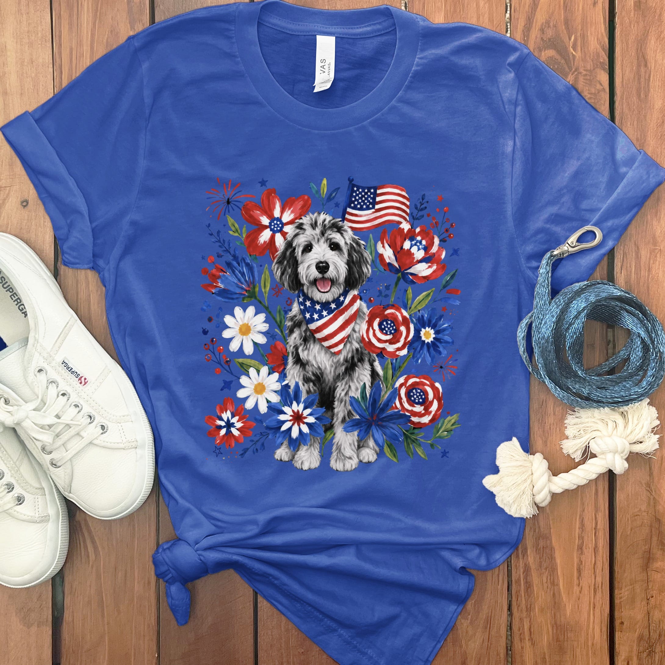 Merle Goldendoodle Floral Spirit T-Shirt in True Royal / S by Puppy Jo