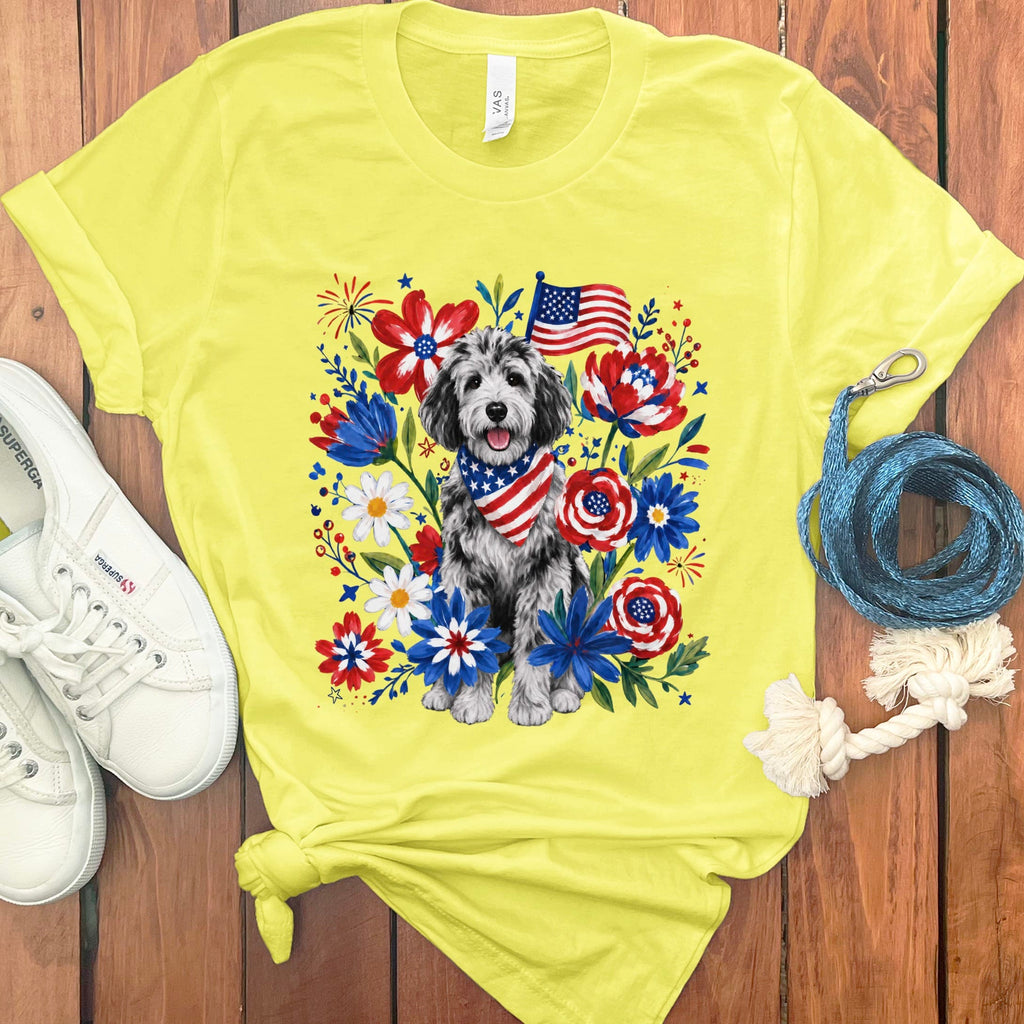 Merle Goldendoodle Floral Spirit T-Shirt in Yellow / S by Puppy Jo