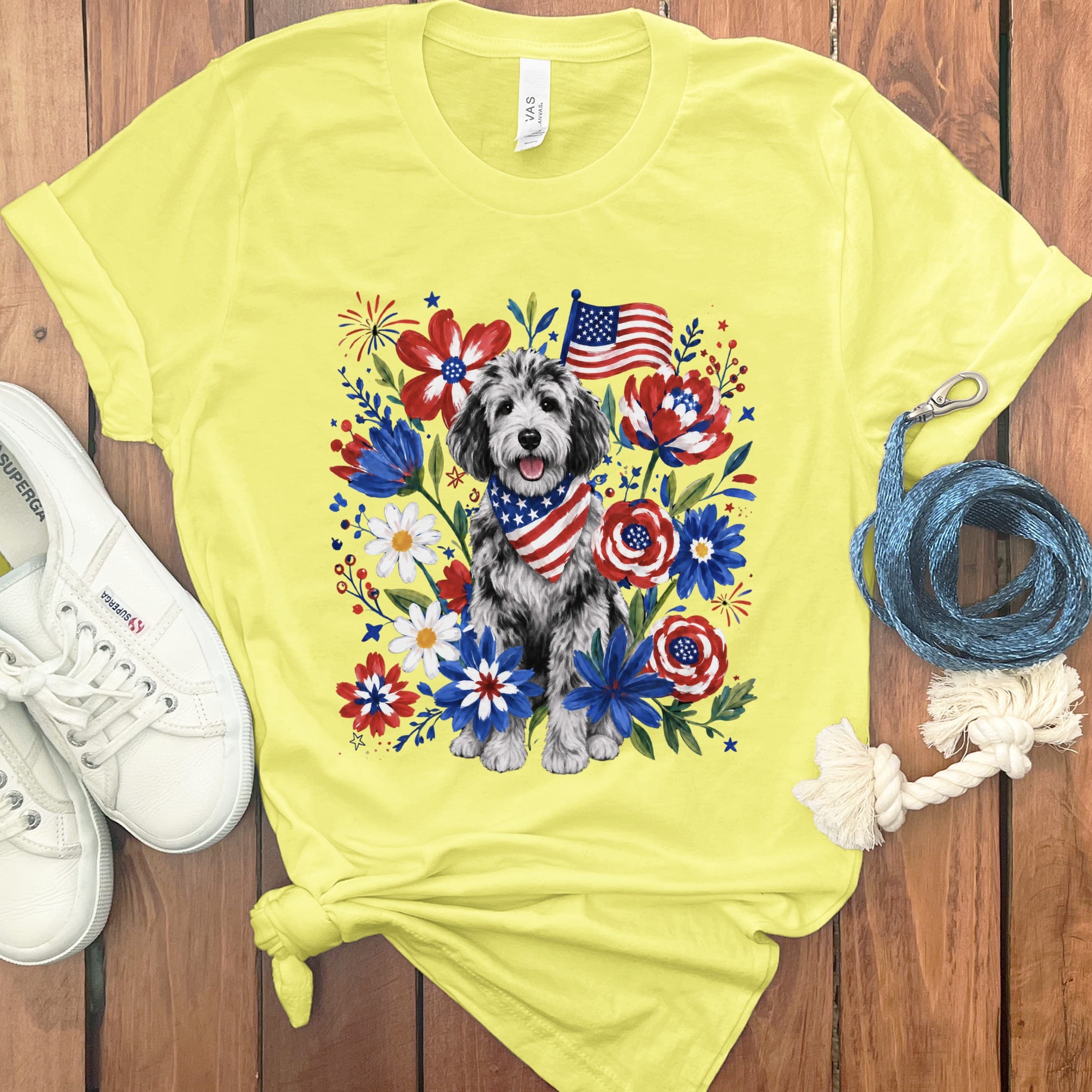 Merle Goldendoodle Floral Spirit T-Shirt in Yellow / S by Puppy Jo