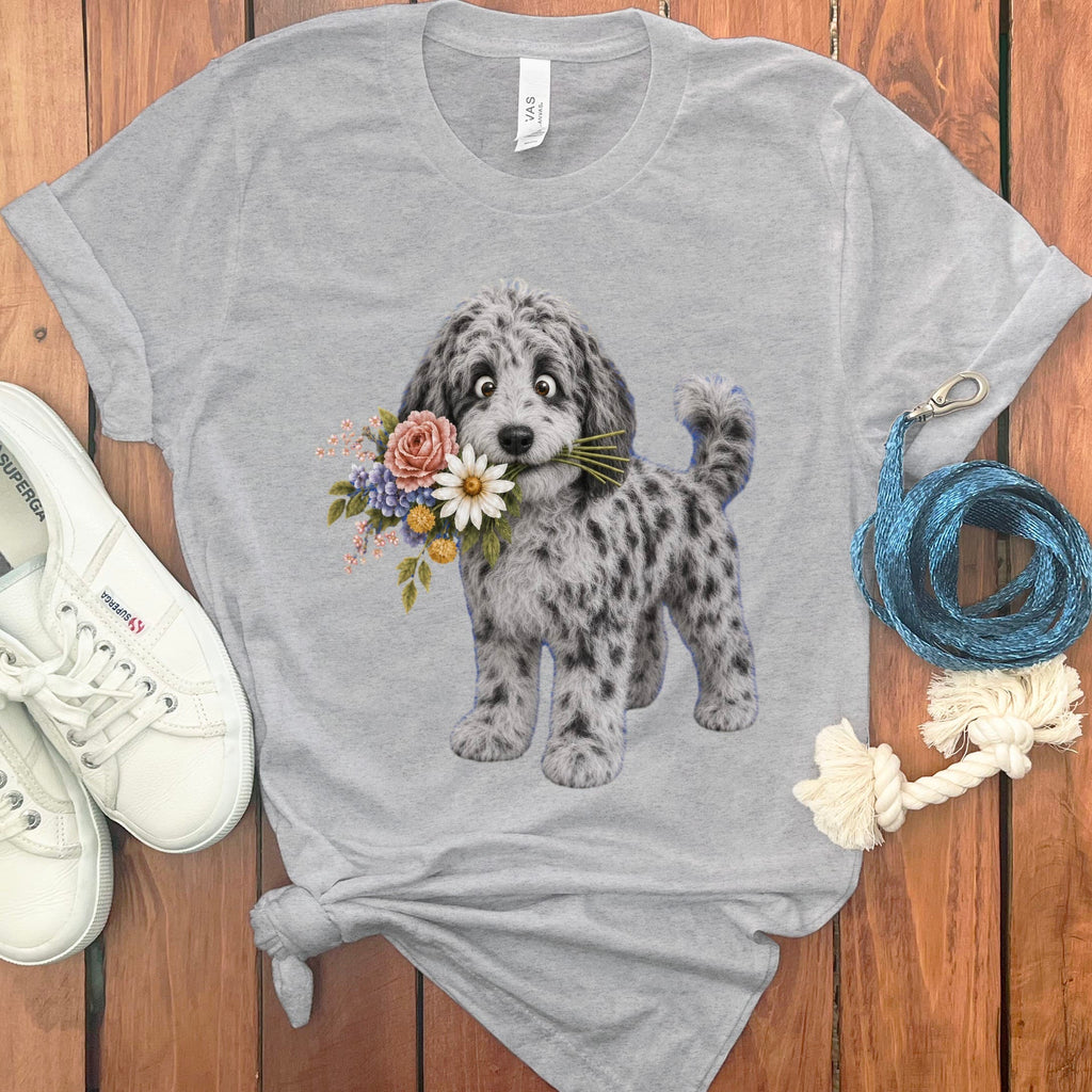 Merle Goldendoodle Flower Shop T-Shirt in Athletic Heather / S by Puppy Jo