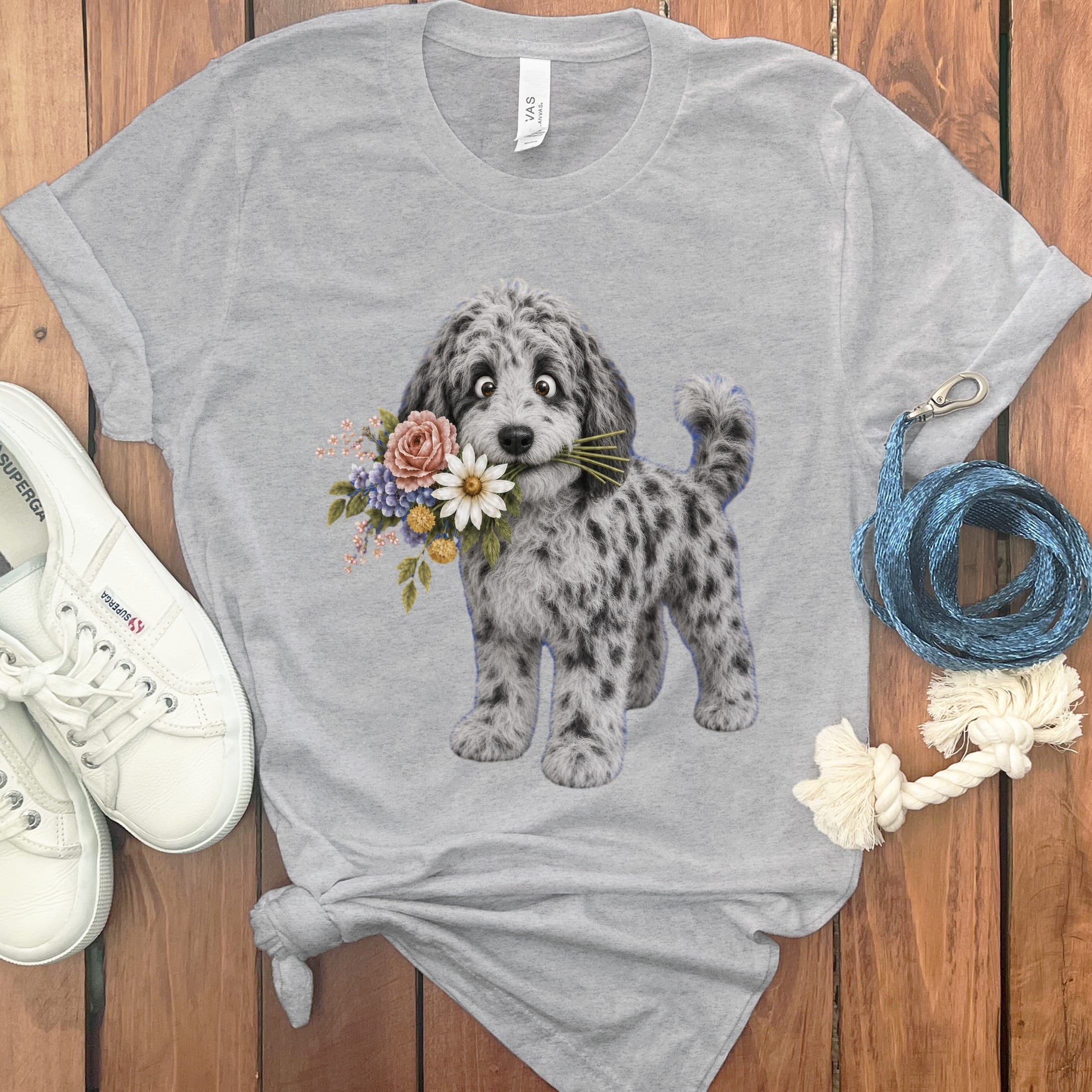 Merle Goldendoodle Flower Shop T-Shirt in Athletic Heather / S by Puppy Jo