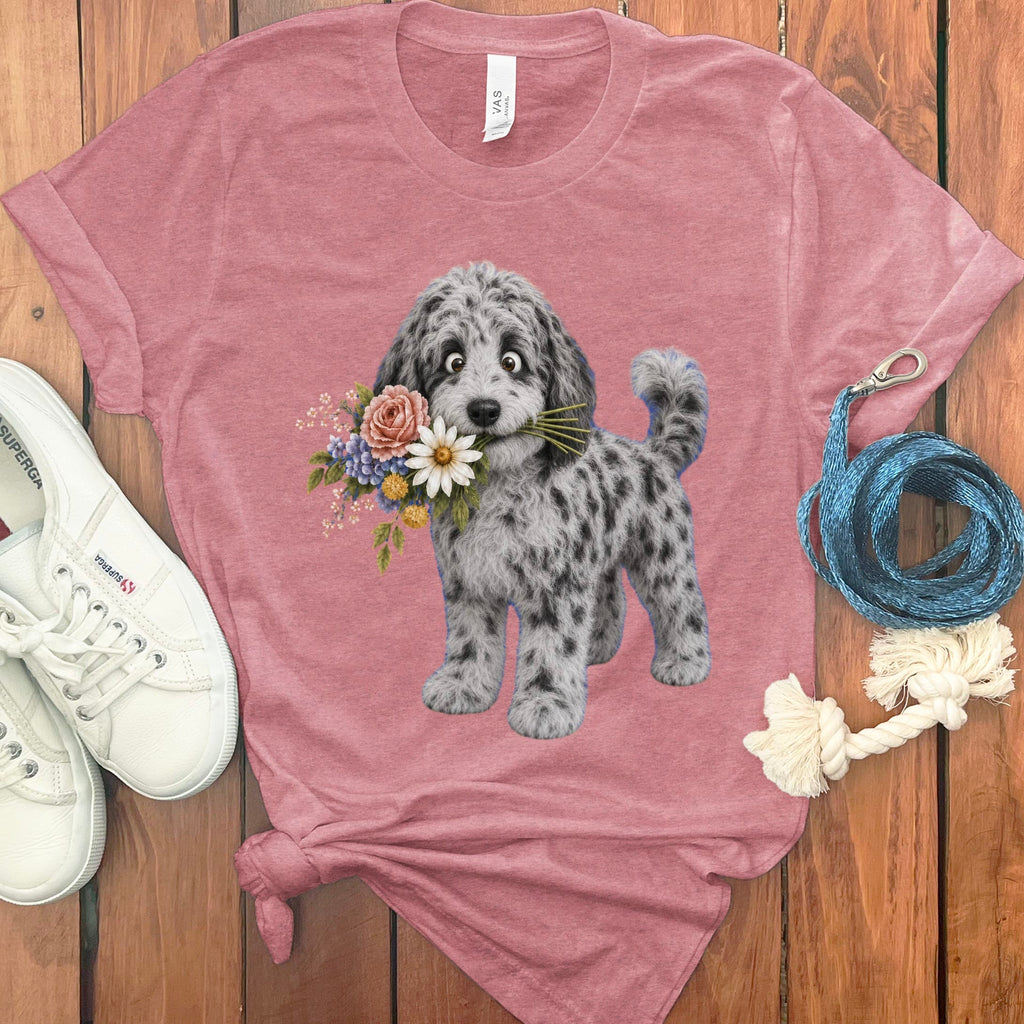 Merle Goldendoodle Flower Shop T-Shirt in Heather Mauve / S by Puppy Jo