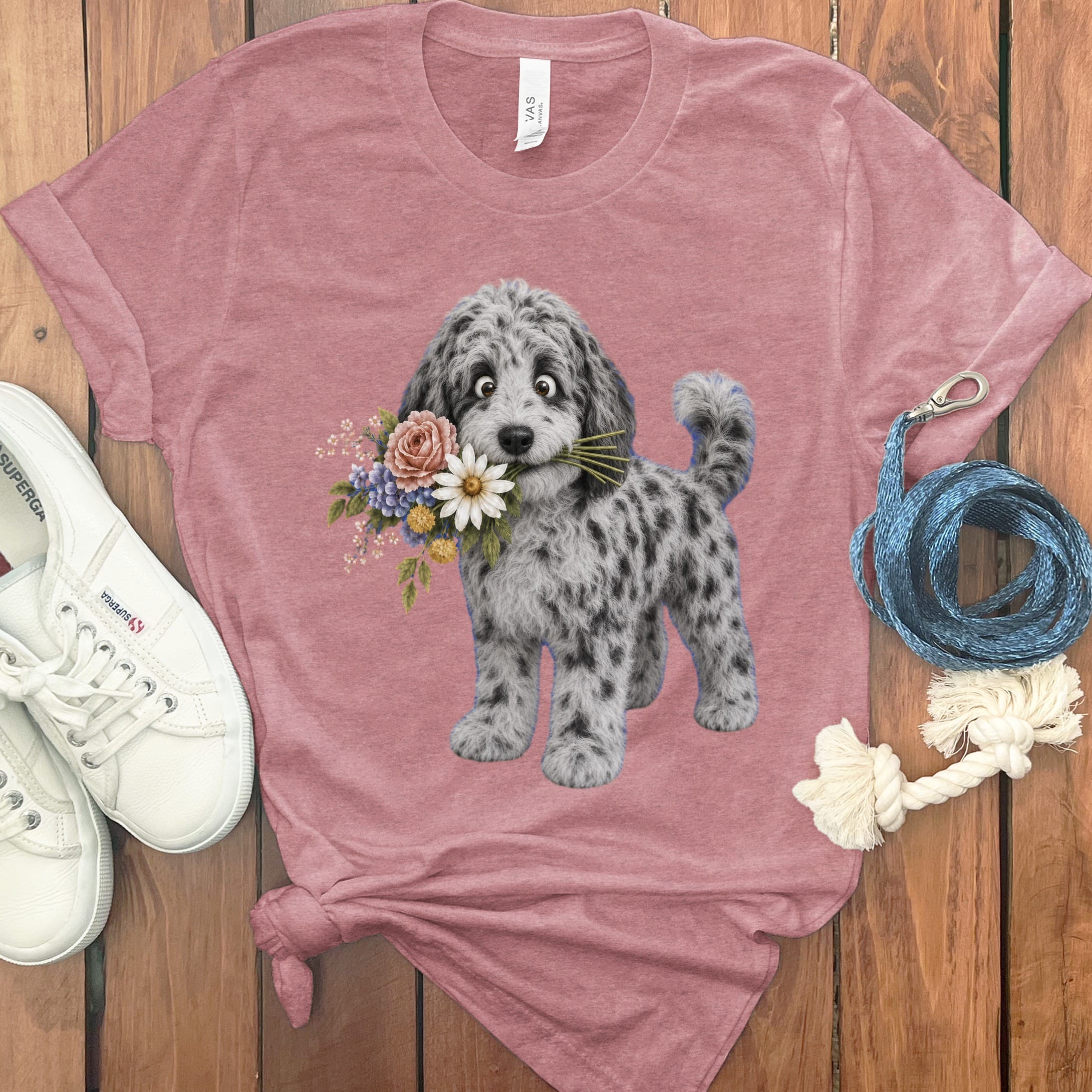 Merle Goldendoodle Flower Shop T-Shirt in Heather Mauve / S by Puppy Jo