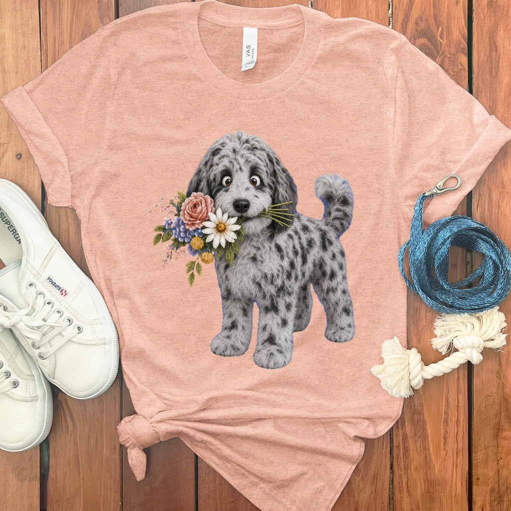 Merle Goldendoodle Flower Shop T-Shirt in Heather Peach / S by Puppy Jo