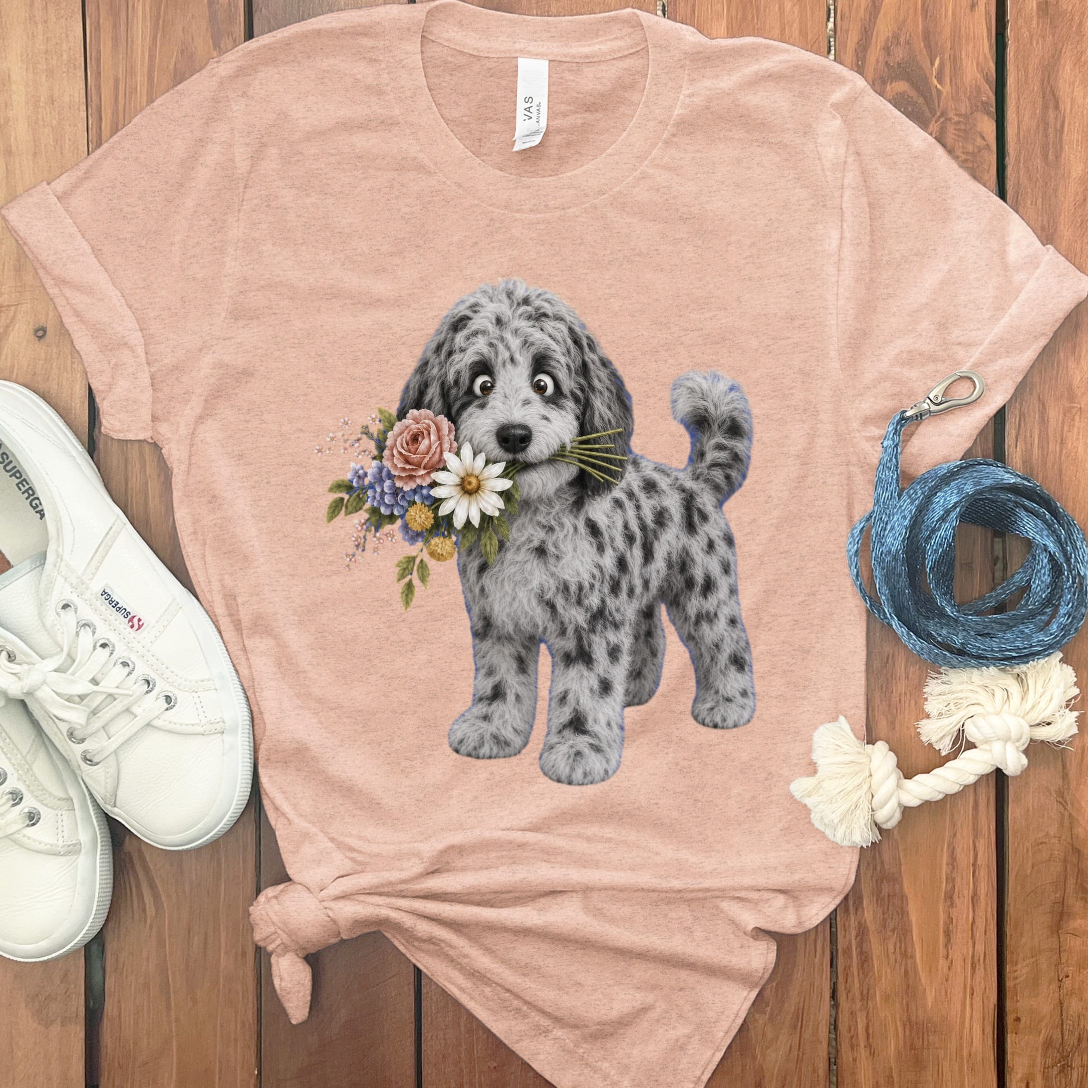 Merle Goldendoodle Flower Shop T-Shirt in Heather Peach / S by Puppy Jo