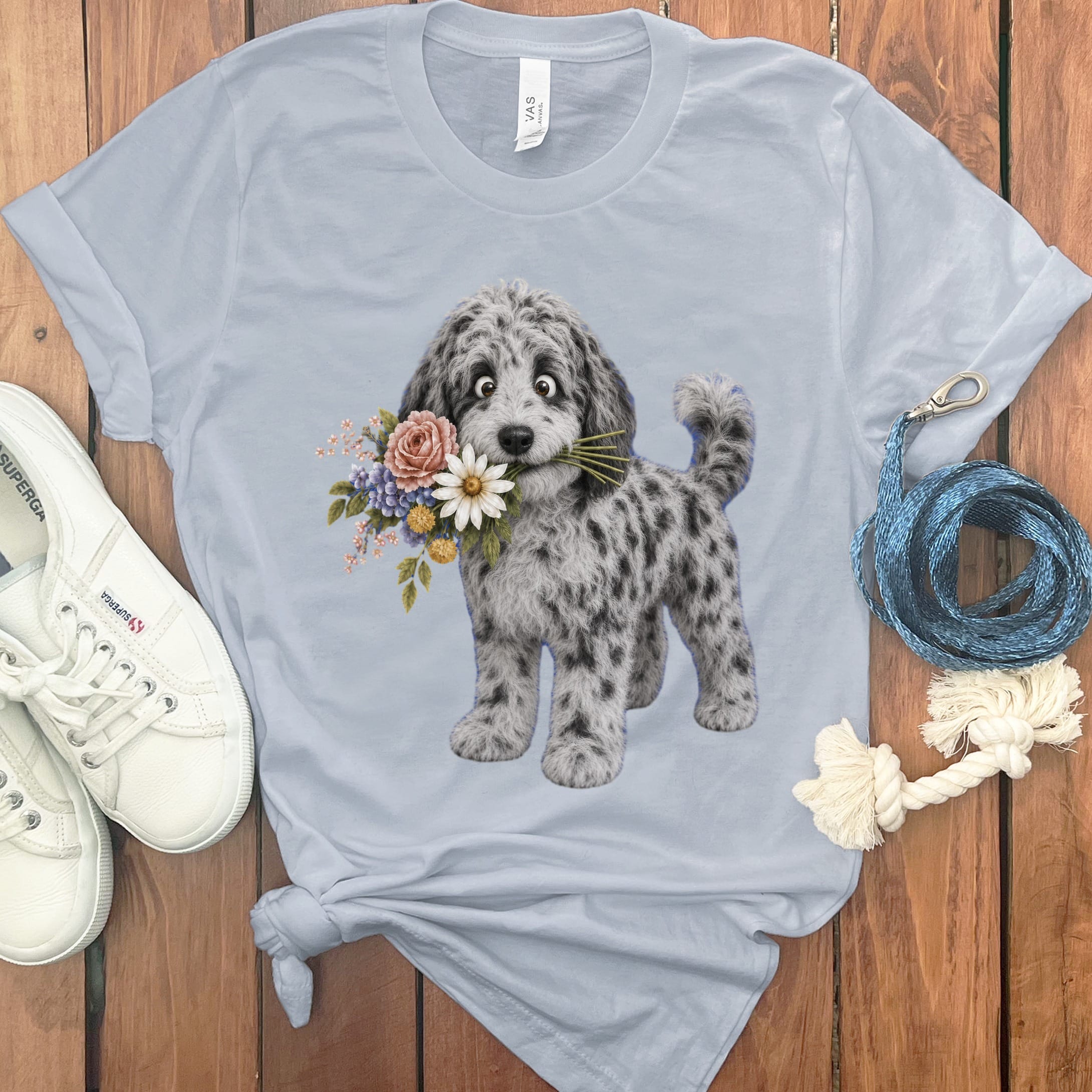 Merle Goldendoodle Flower Shop T-Shirt in Light Blue / S by Puppy Jo