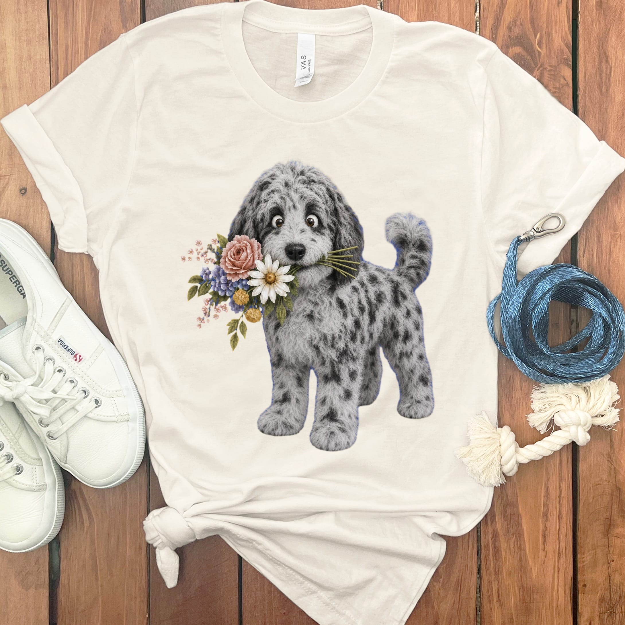 Merle Goldendoodle Flower Shop T-Shirt in Natural / S by Puppy Jo