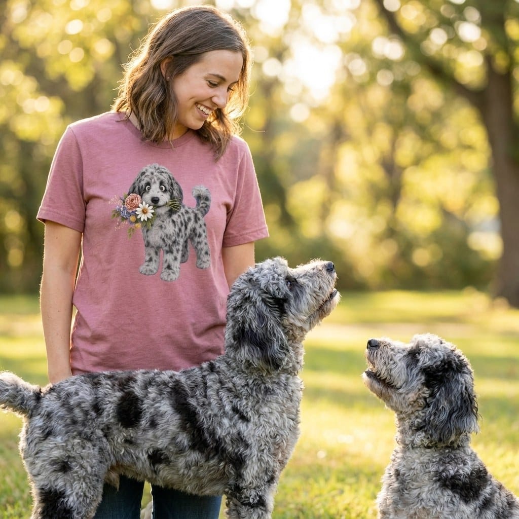 Merle Goldendoodle Flower Shop T-Shirt in by Puppy Jo