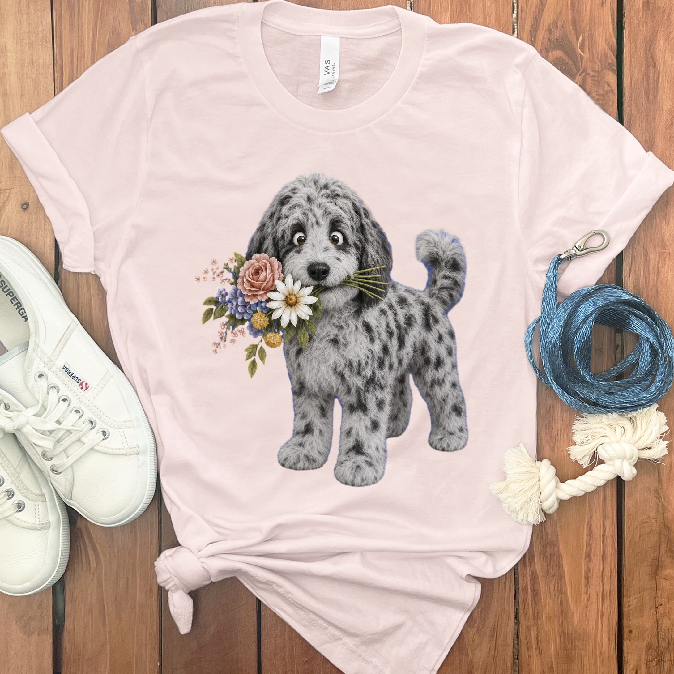 Merle Goldendoodle Flower Shop T-Shirt in Soft Pink / S by Puppy Jo