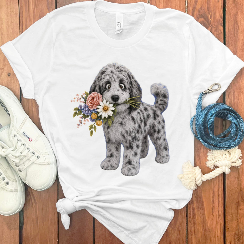 Merle Goldendoodle Flower Shop T-Shirt in White / S by Puppy Jo