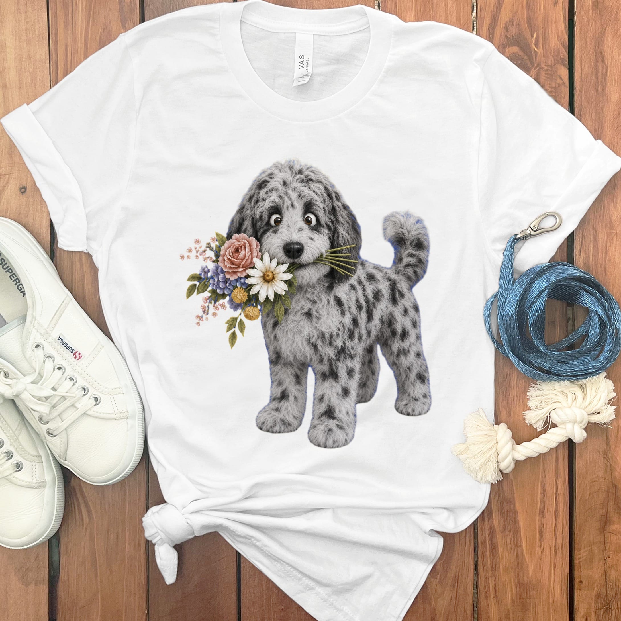 Merle Goldendoodle Flower Shop T-Shirt in White / S by Puppy Jo
