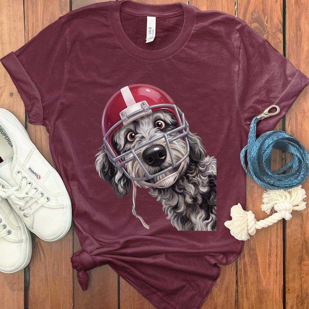 Merle Goldendoodle Football Helmet T-Shirt in Maroon / S by Puppy Jo