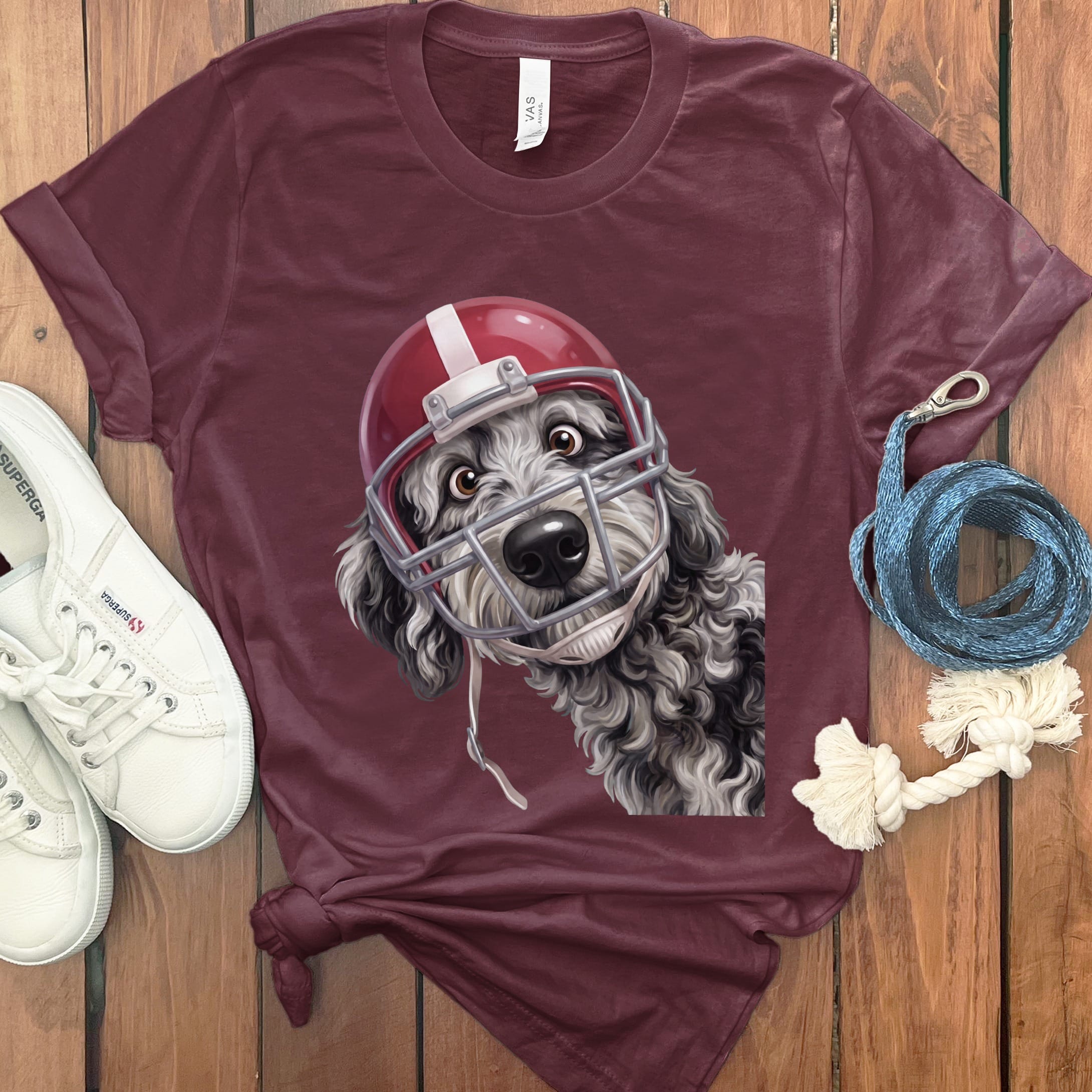 Merle Goldendoodle Football Helmet T-Shirt in Maroon / S by Puppy Jo