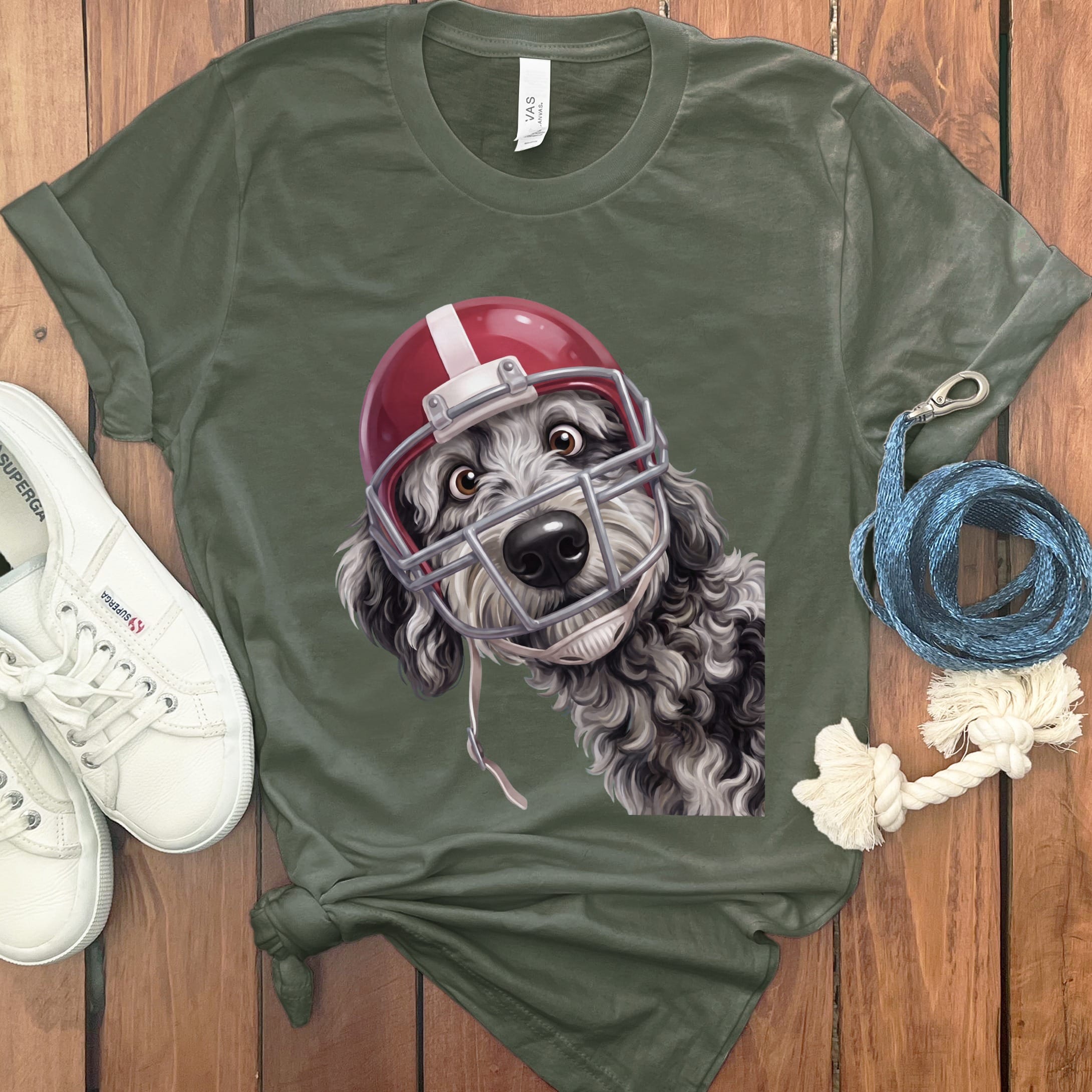 Merle Goldendoodle Football Helmet T-Shirt in Military Green / S by Puppy Jo