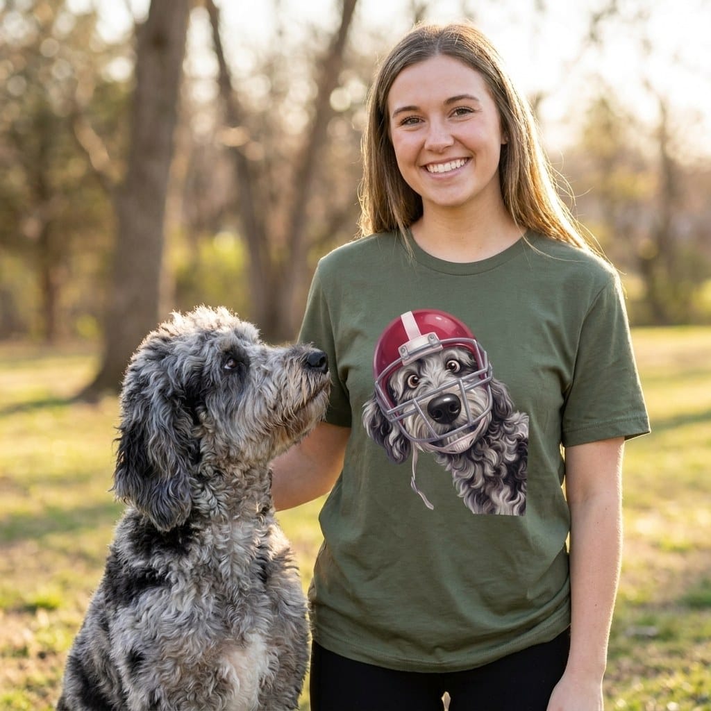 Merle Goldendoodle Football Helmet T-Shirt in by Puppy Jo