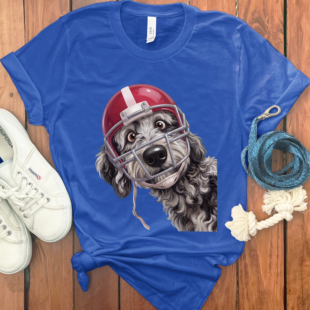 Merle Goldendoodle Football Helmet T-Shirt in True Royal / S by Puppy Jo