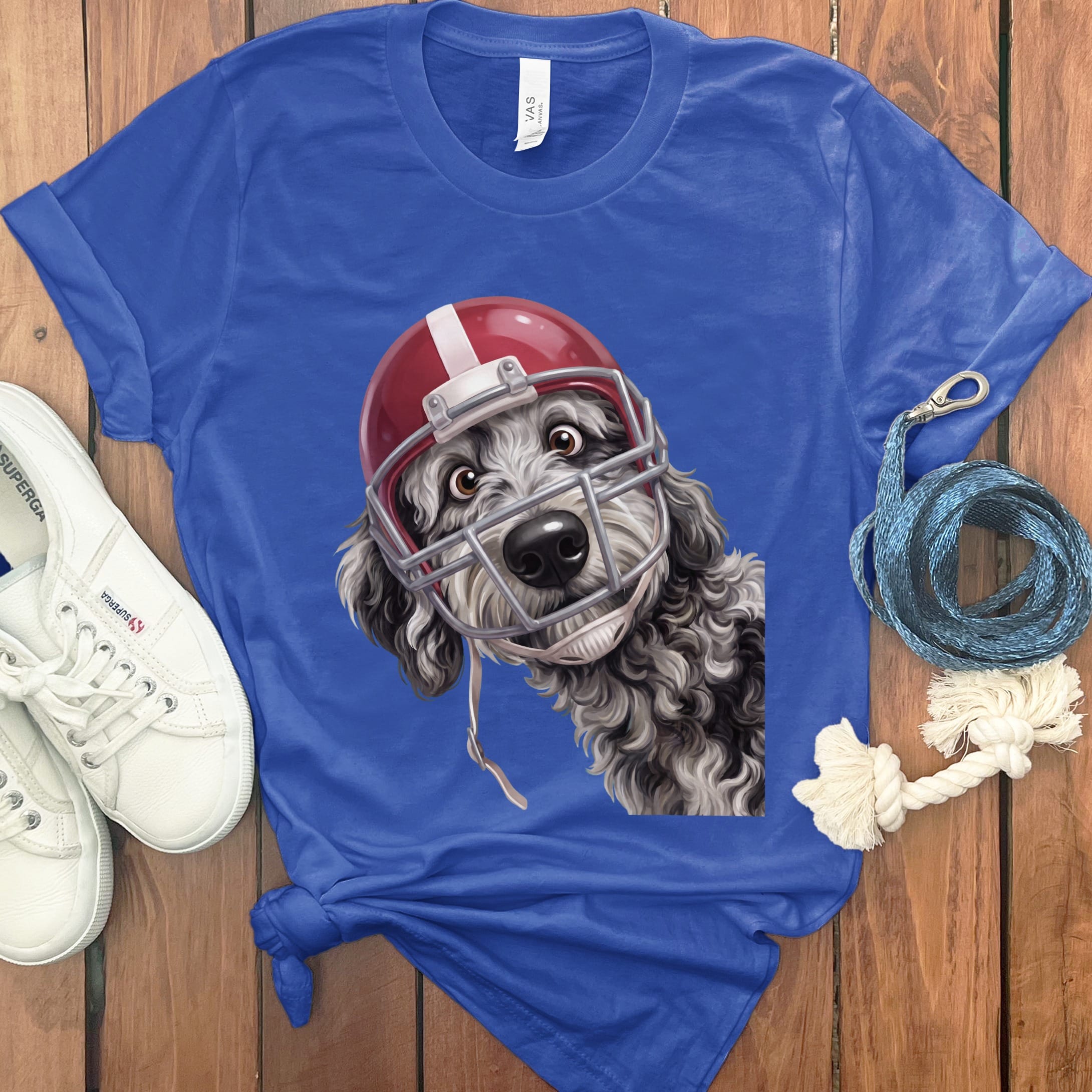 Merle Goldendoodle Football Helmet T-Shirt in True Royal / S by Puppy Jo
