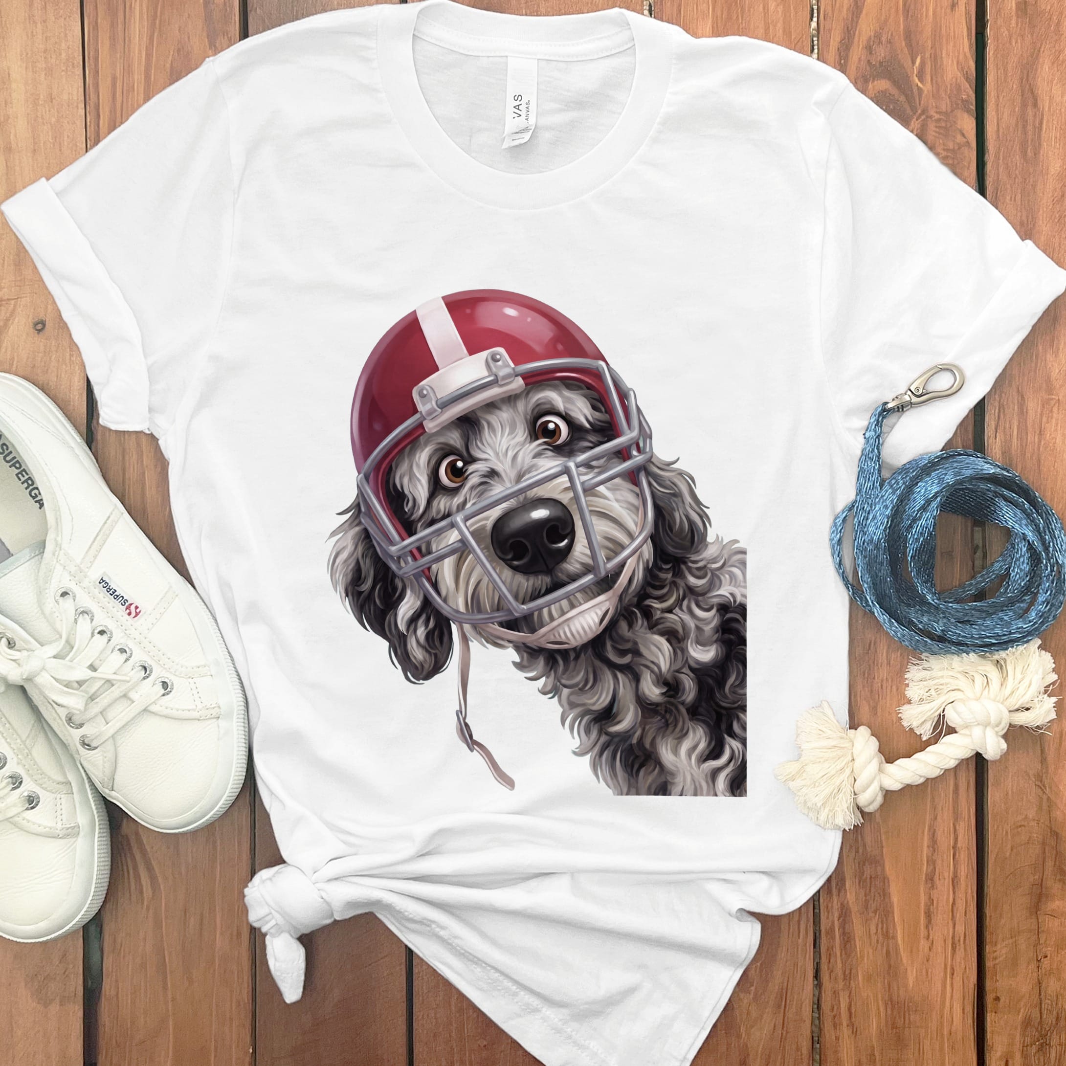 Merle Goldendoodle Football Helmet T-Shirt in White / S by Puppy Jo