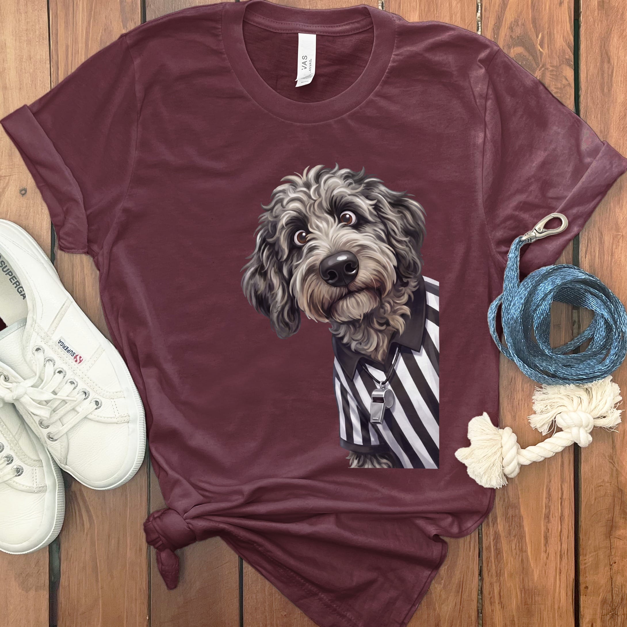 Merle Goldendoodle Football Referee T-Shirt in Maroon / S by Puppy Jo