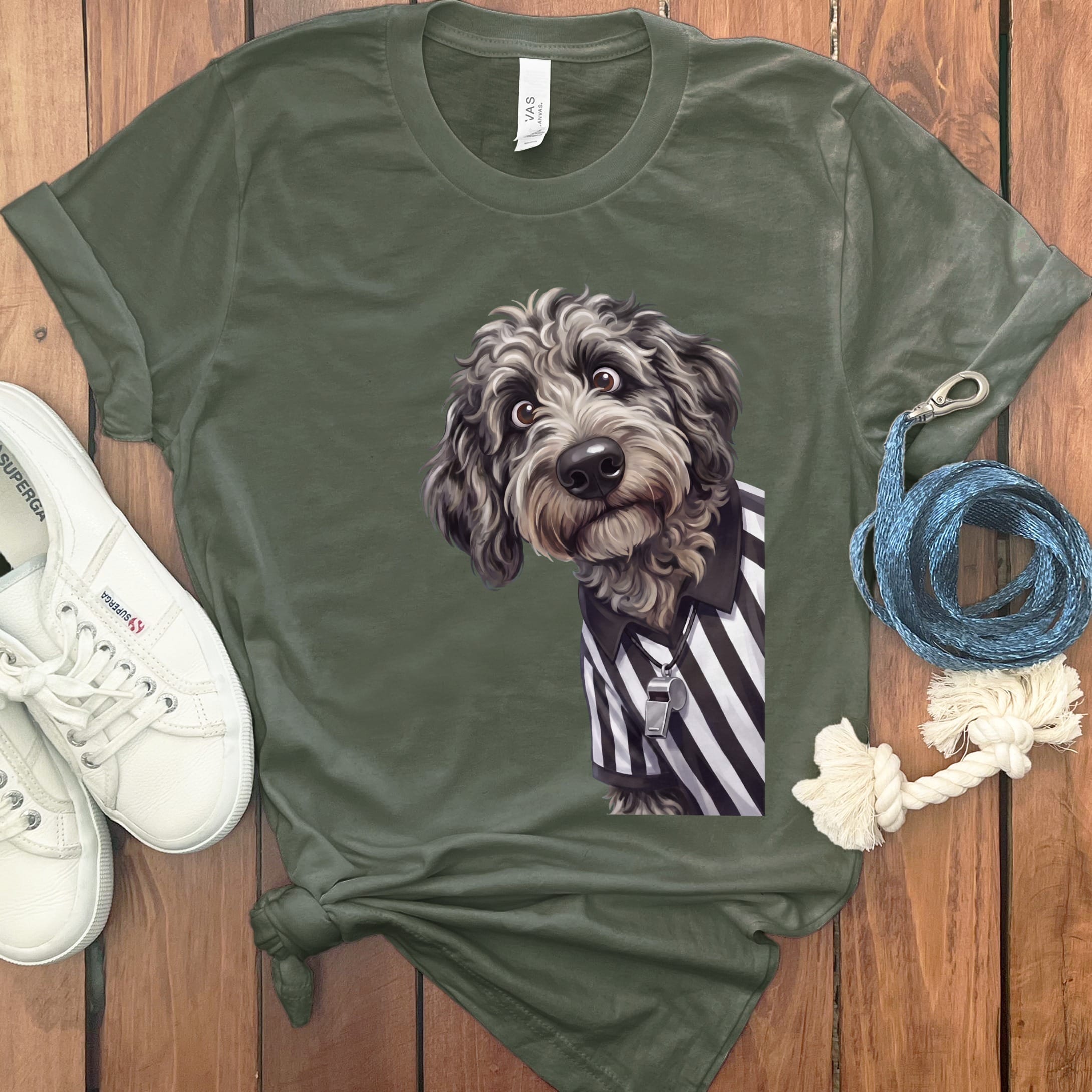 Merle Goldendoodle Football Referee T-Shirt in Military Green / S by Puppy Jo