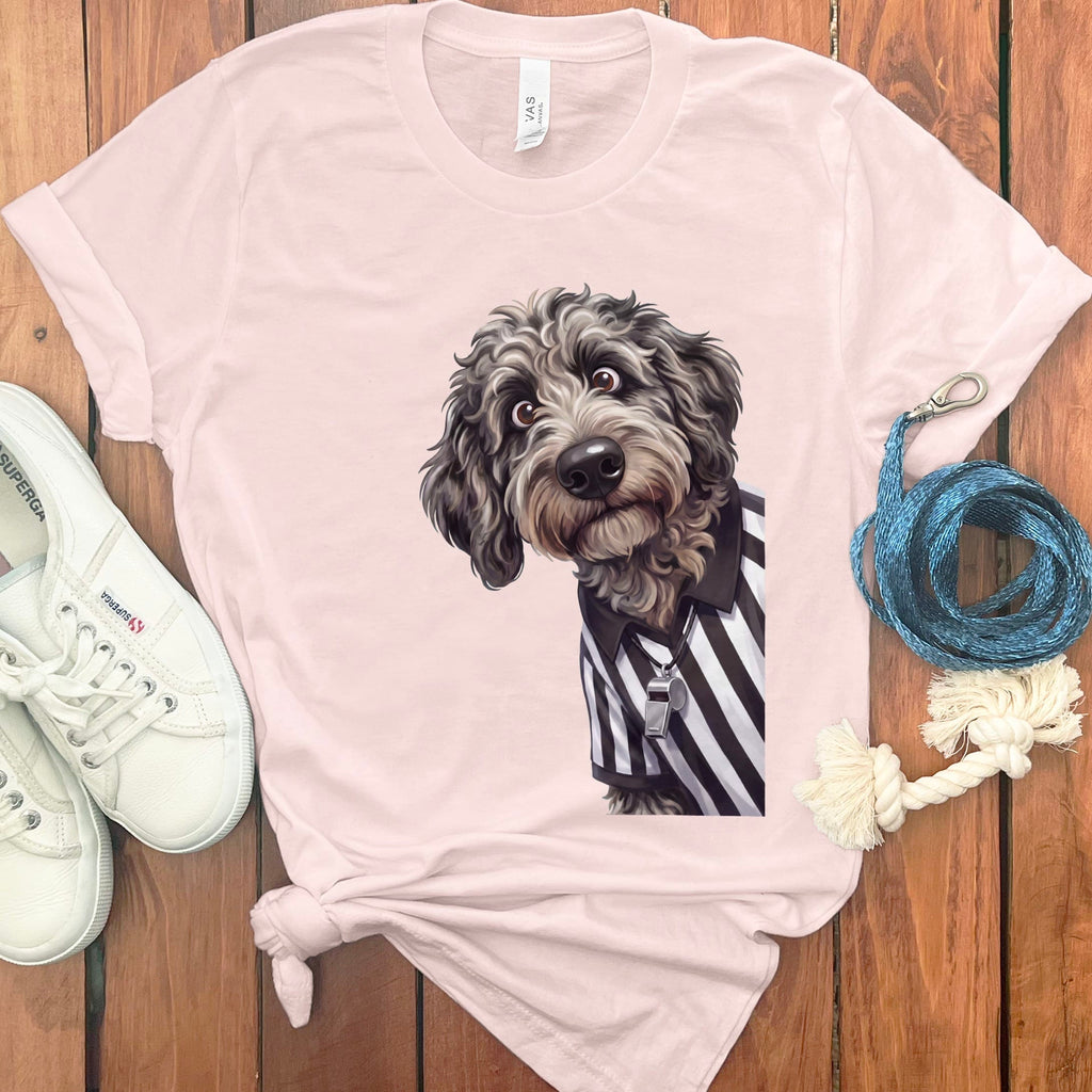 Merle Goldendoodle Football Referee T-Shirt in Soft Pink / S by Puppy Jo