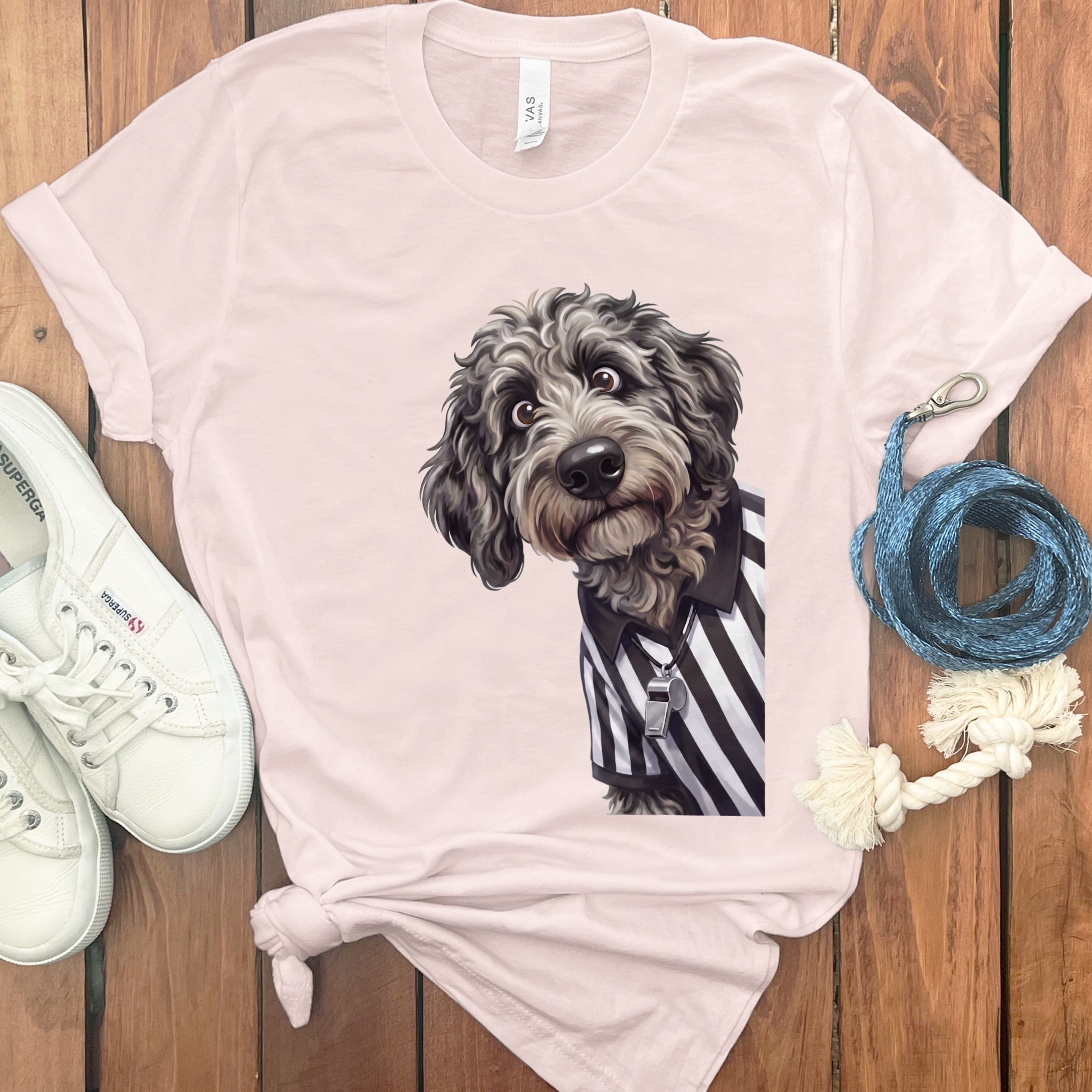 Merle Goldendoodle Football Referee T-Shirt in Soft Pink / S by Puppy Jo