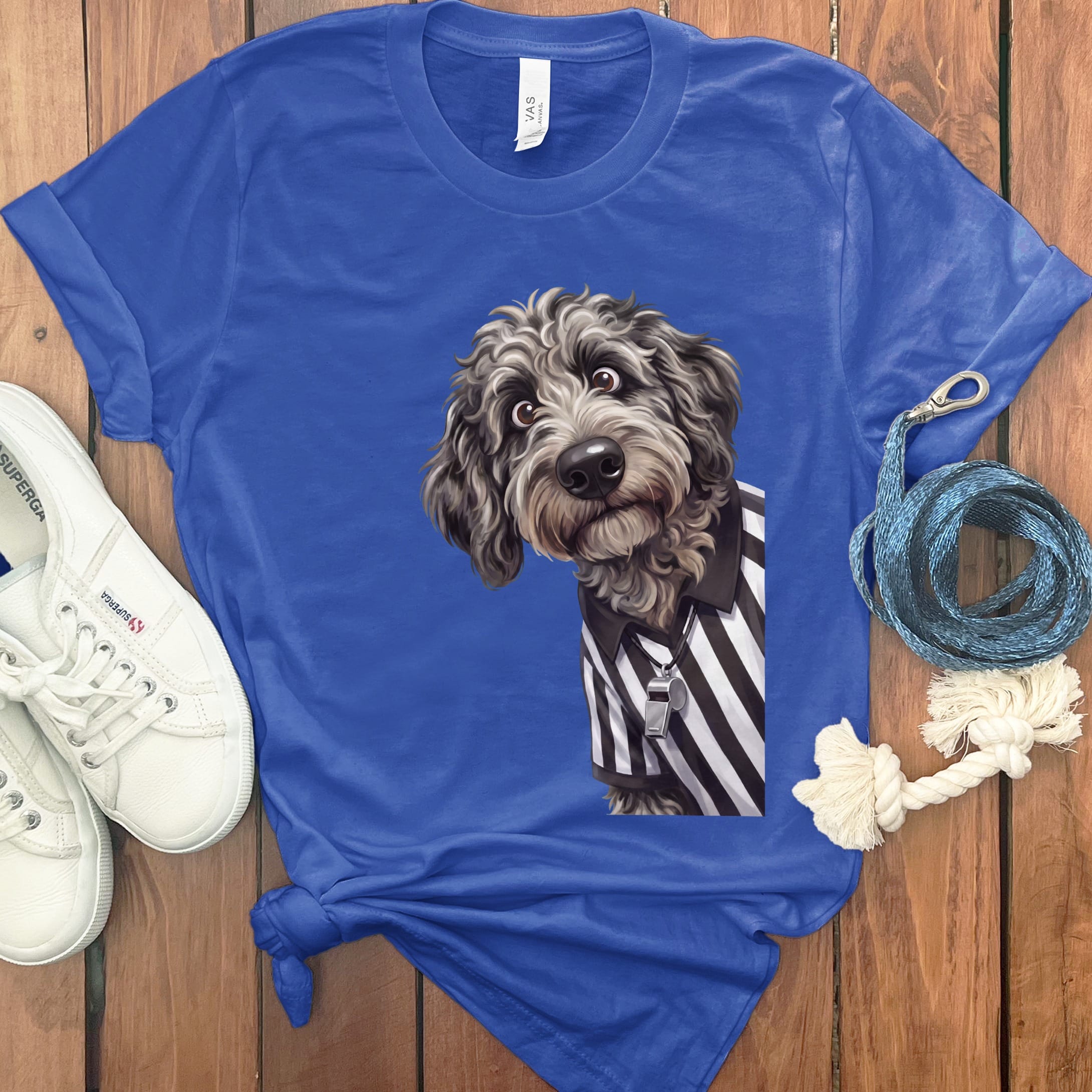Merle Goldendoodle Football Referee T-Shirt in True Royal / S by Puppy Jo
