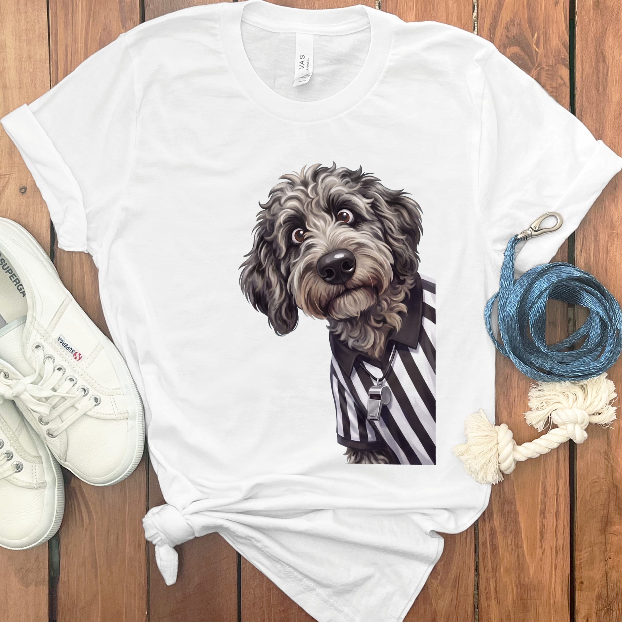 Merle Goldendoodle Football Referee T-Shirt in White / S by Puppy Jo