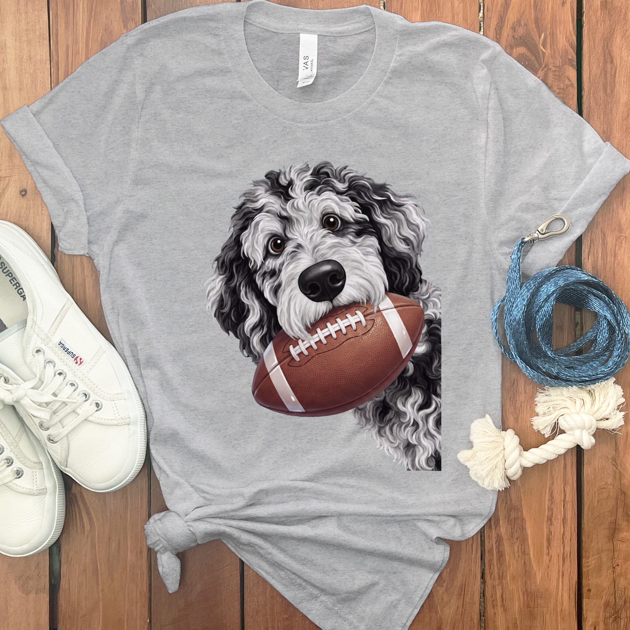 Merle Goldendoodle Football T-Shirt in Athletic Heather / S by Puppy Jo