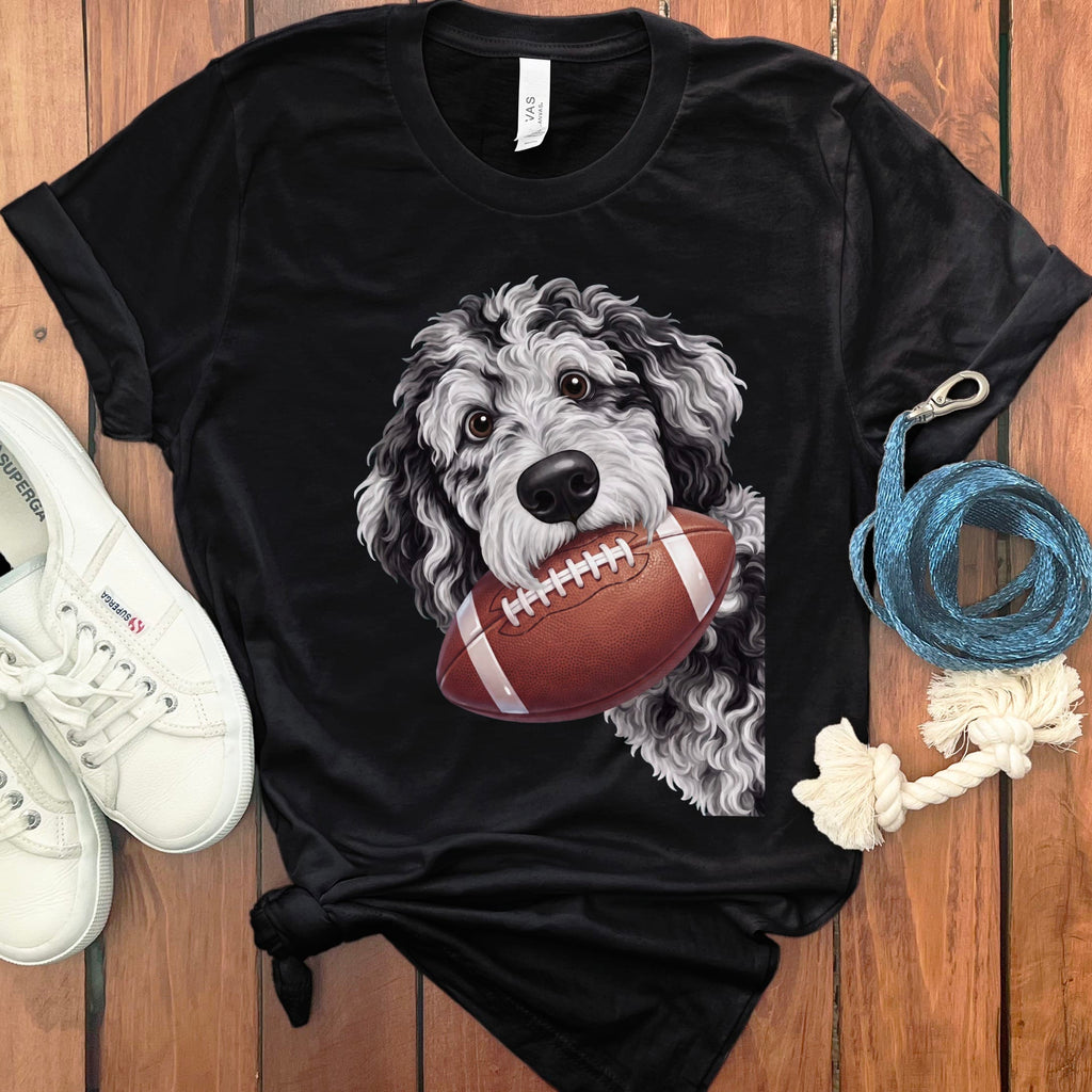 Merle Goldendoodle Football T-Shirt in Black / S by Puppy Jo