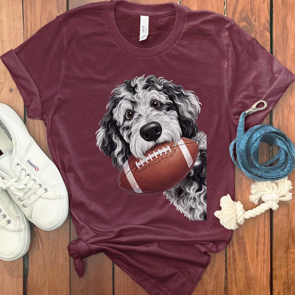 Merle Goldendoodle Football T-Shirt in Maroon / S by Puppy Jo
