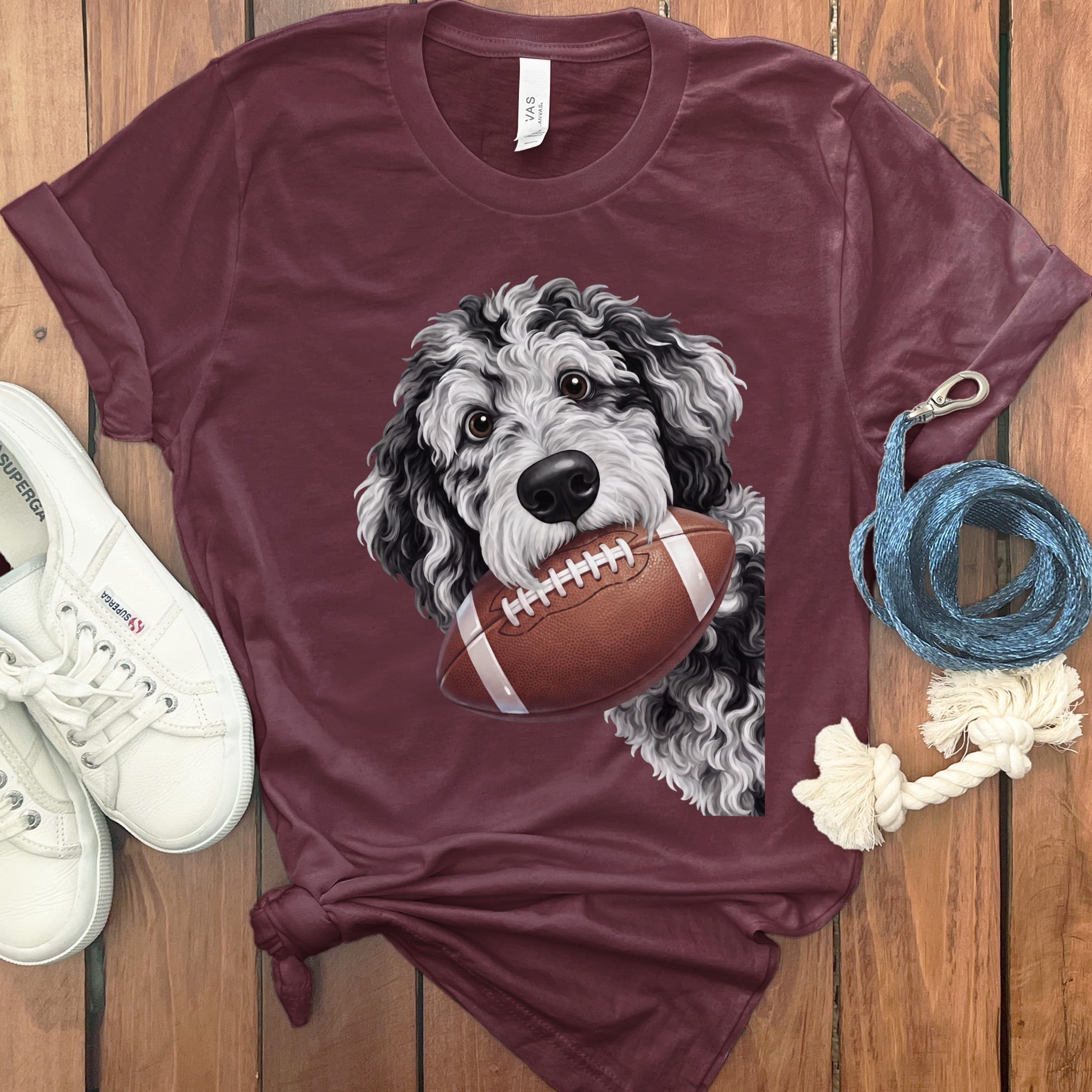 Merle Goldendoodle Football T-Shirt in Maroon / S by Puppy Jo