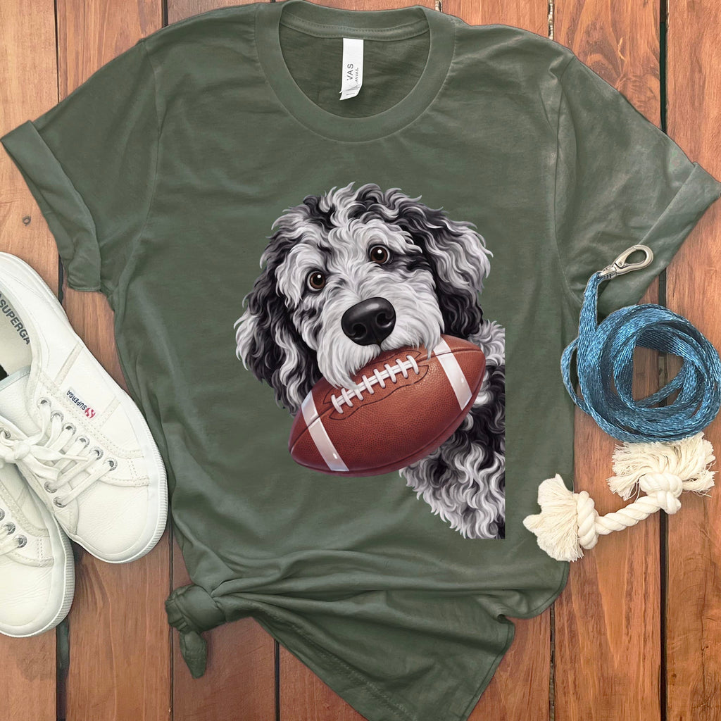 Merle Goldendoodle Football T-Shirt in Military Green / S by Puppy Jo