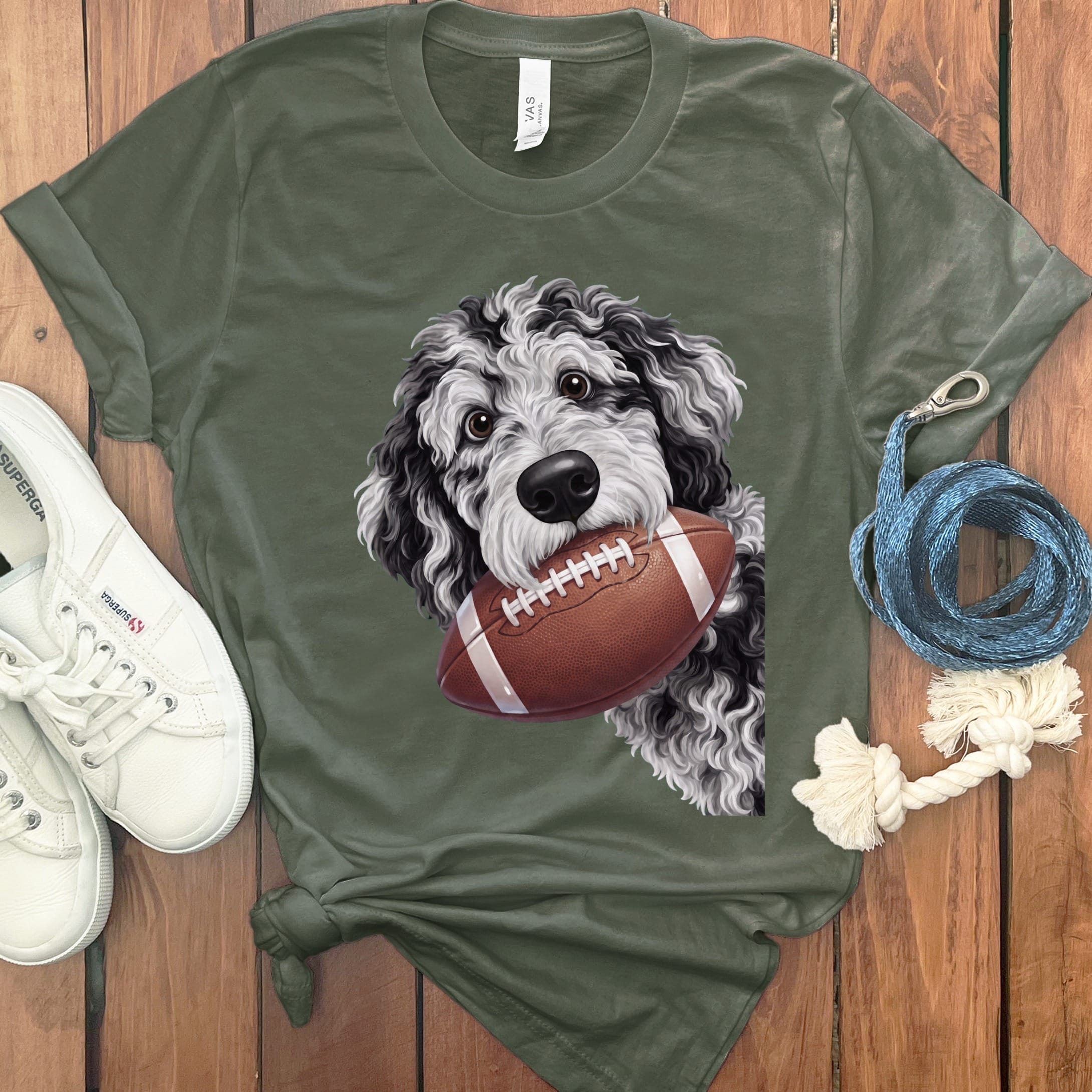 Merle Goldendoodle Football T-Shirt in Military Green / S by Puppy Jo