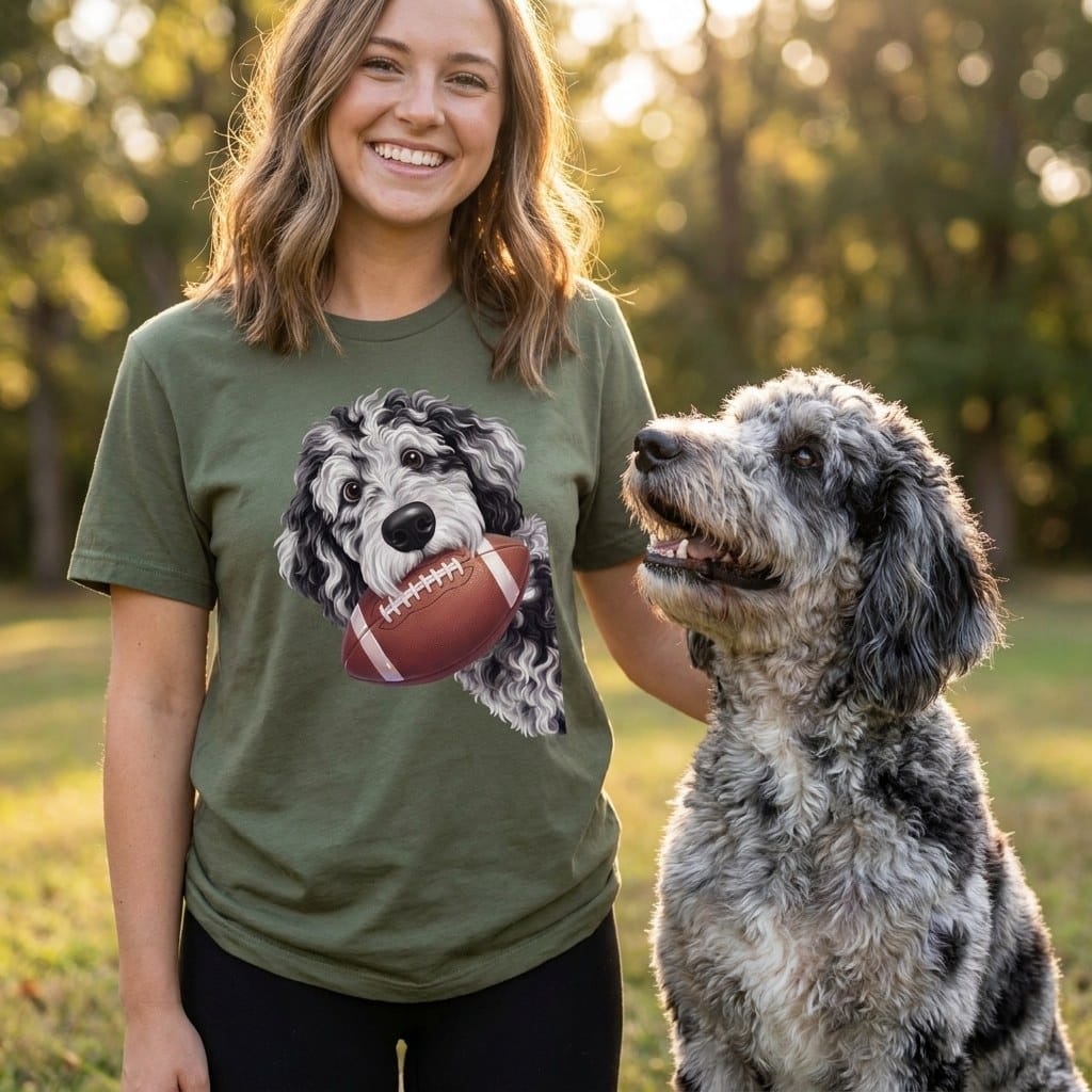 Merle Goldendoodle Football T-Shirt in by Puppy Jo