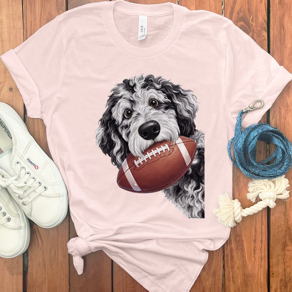 Merle Goldendoodle Football T-Shirt in Soft Pink / S by Puppy Jo